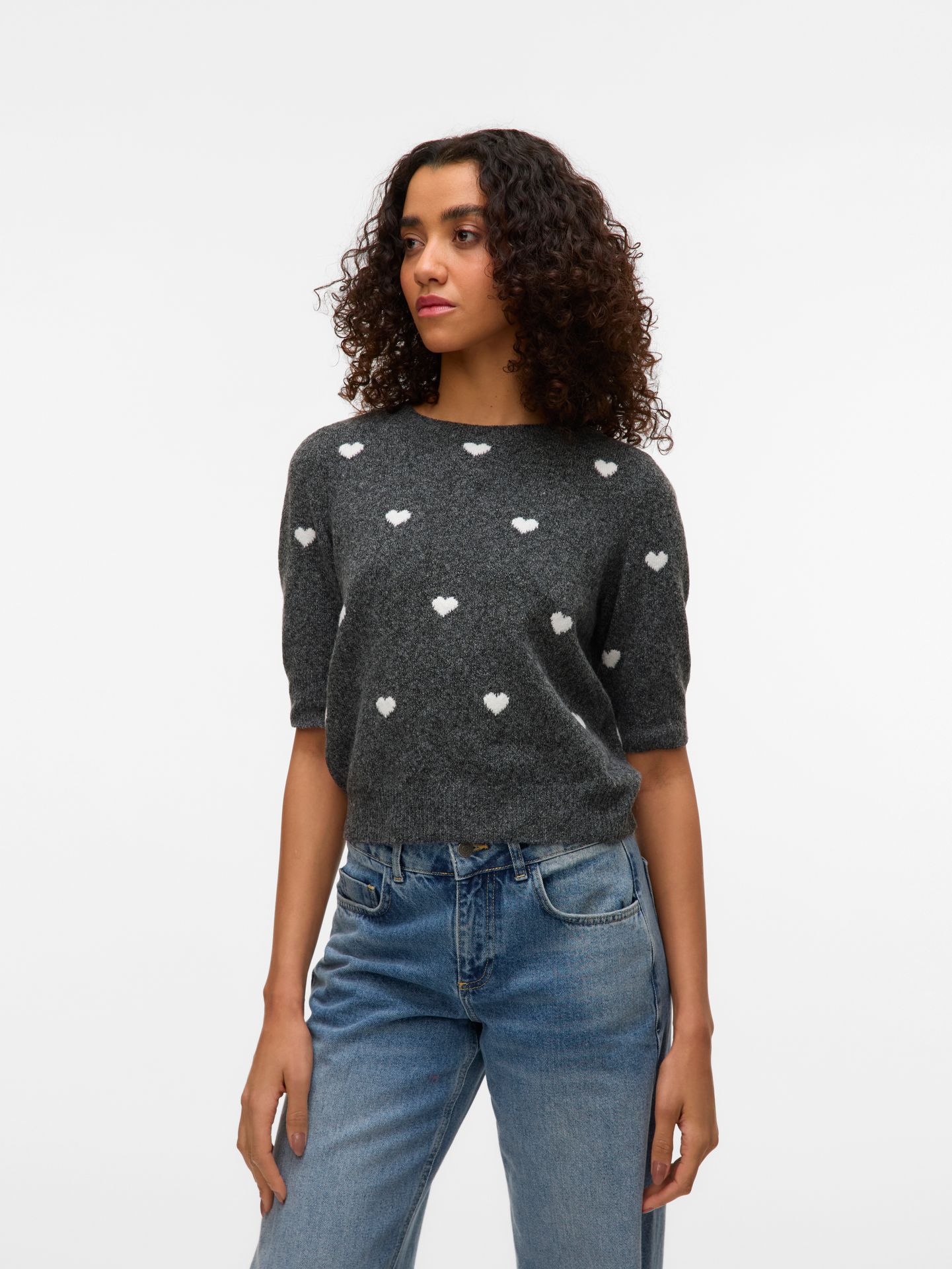 Vero Moda VMDOFFY INTARSIA 2/4 O-NK PULLOV GA Dark Grey Melange/W. WHITE HEARTS 2900157592022