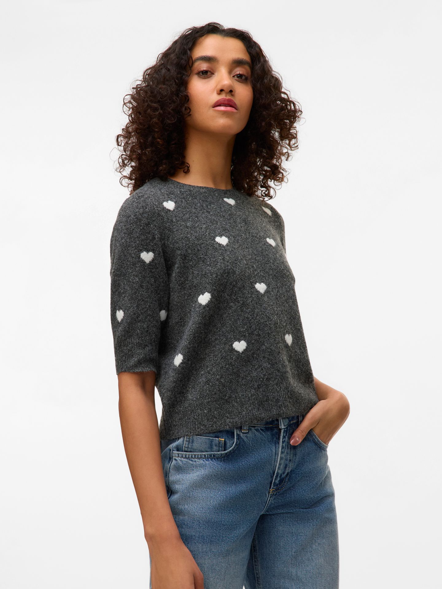 Vero Moda VMDOFFY INTARSIA 2/4 O-NK PULLOV GA Dark Grey Melange/W. WHITE HEARTS 2900157592022