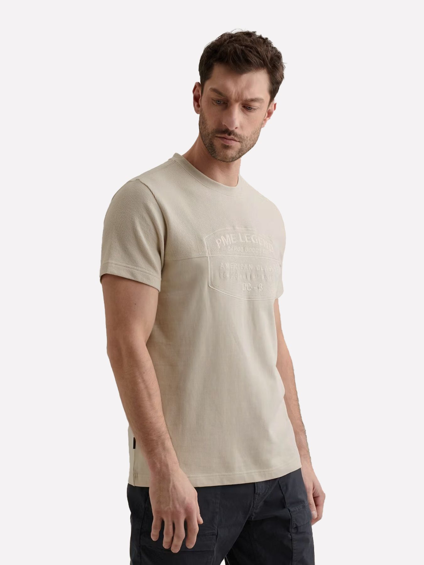 Pme Legend Short sleeve r-neck fabric mix gra Bone White 2900158559017