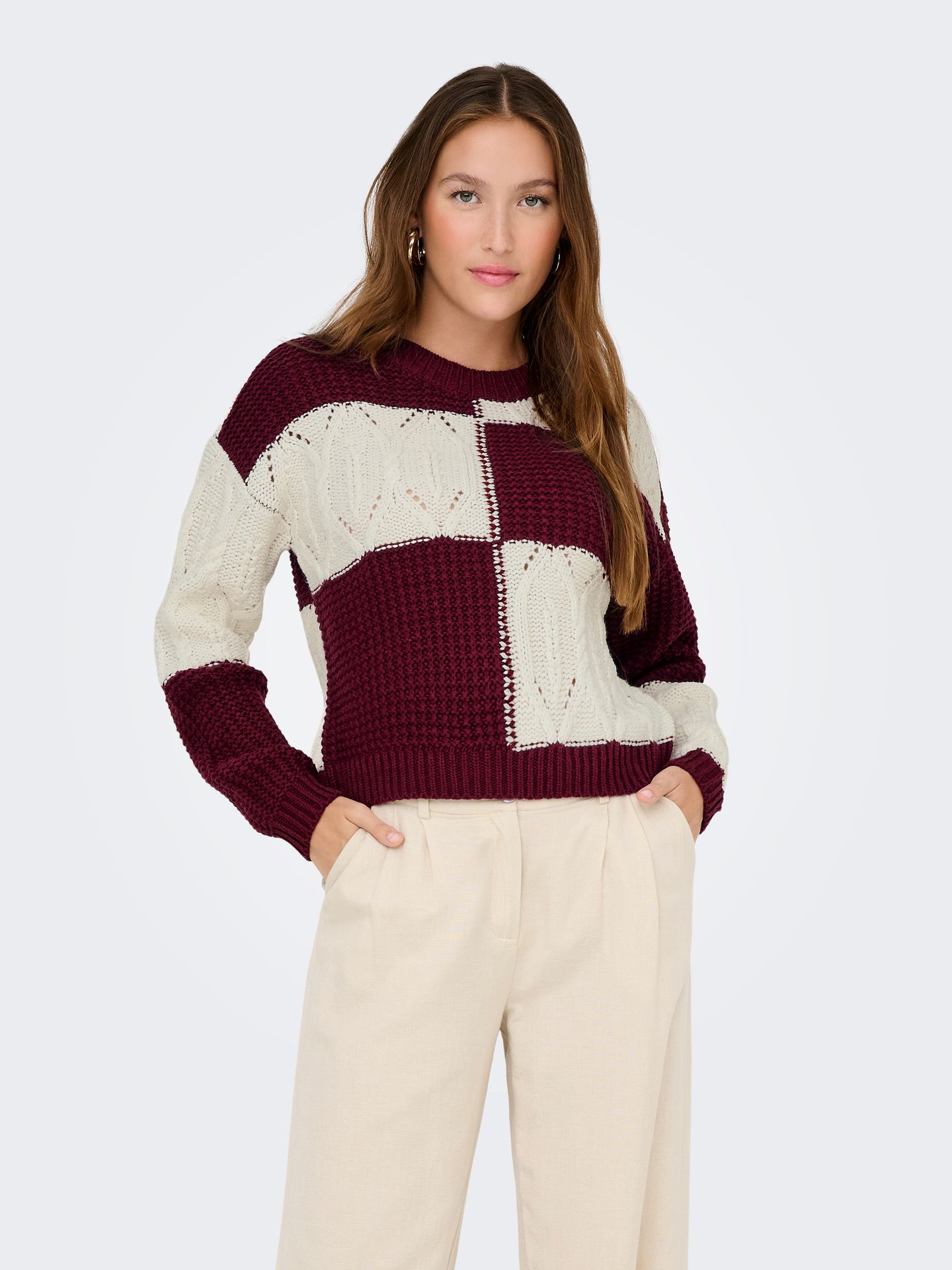 JDY JDYJUSTY L/S MIX STRUC PULLOVER KNT Cabernet/CLOUD DANCER 00114317-EKA26011400003051