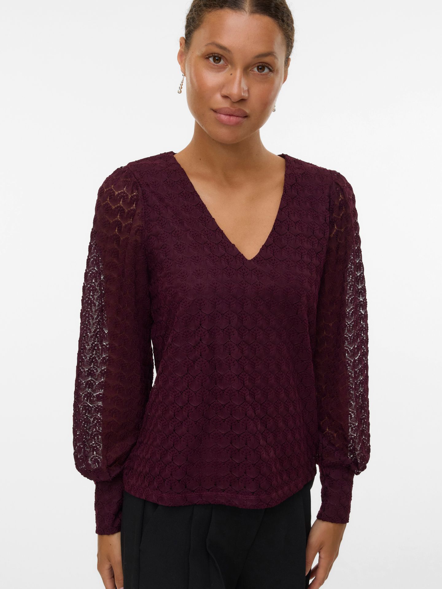 Vero Moda VMBECCA LS V-NECK LACE TOP JRS NOOS Winetasting 00114382-EKA26011400003045