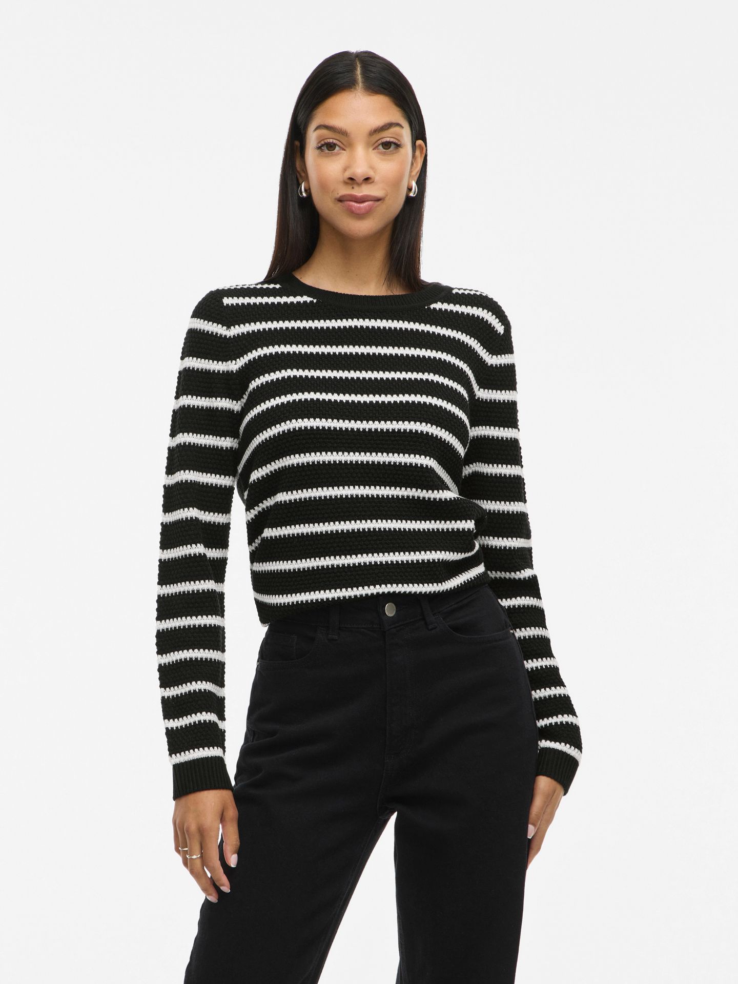 Object VIDALO O-NECK L/S STRIPE KNIT TOP- Black/WHITE ALYSSUM 00114408-EKA22000400000180