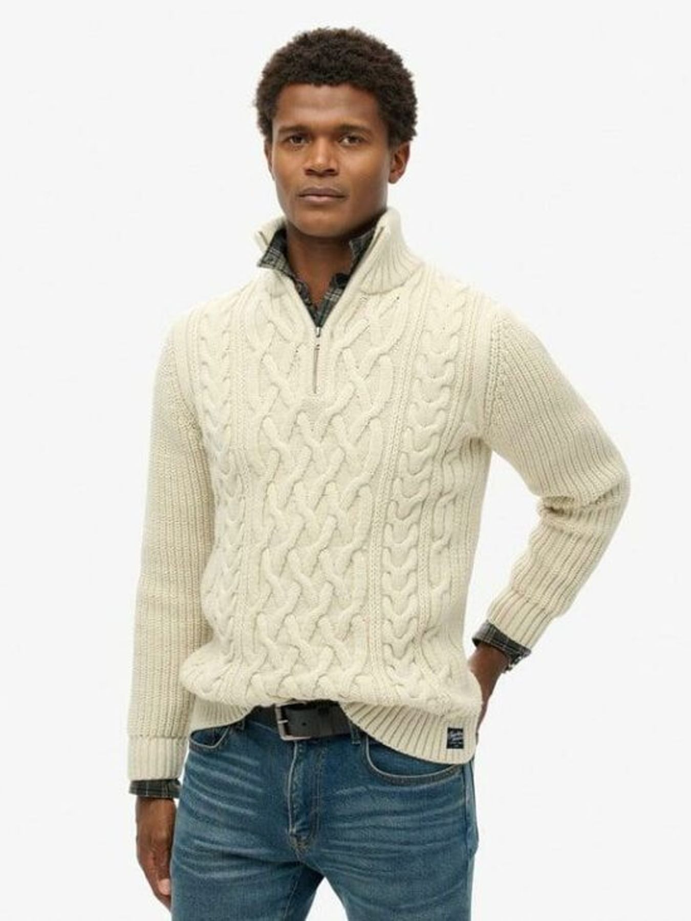 Superdry Jacob cable knit half zip ecru 00114437-A0