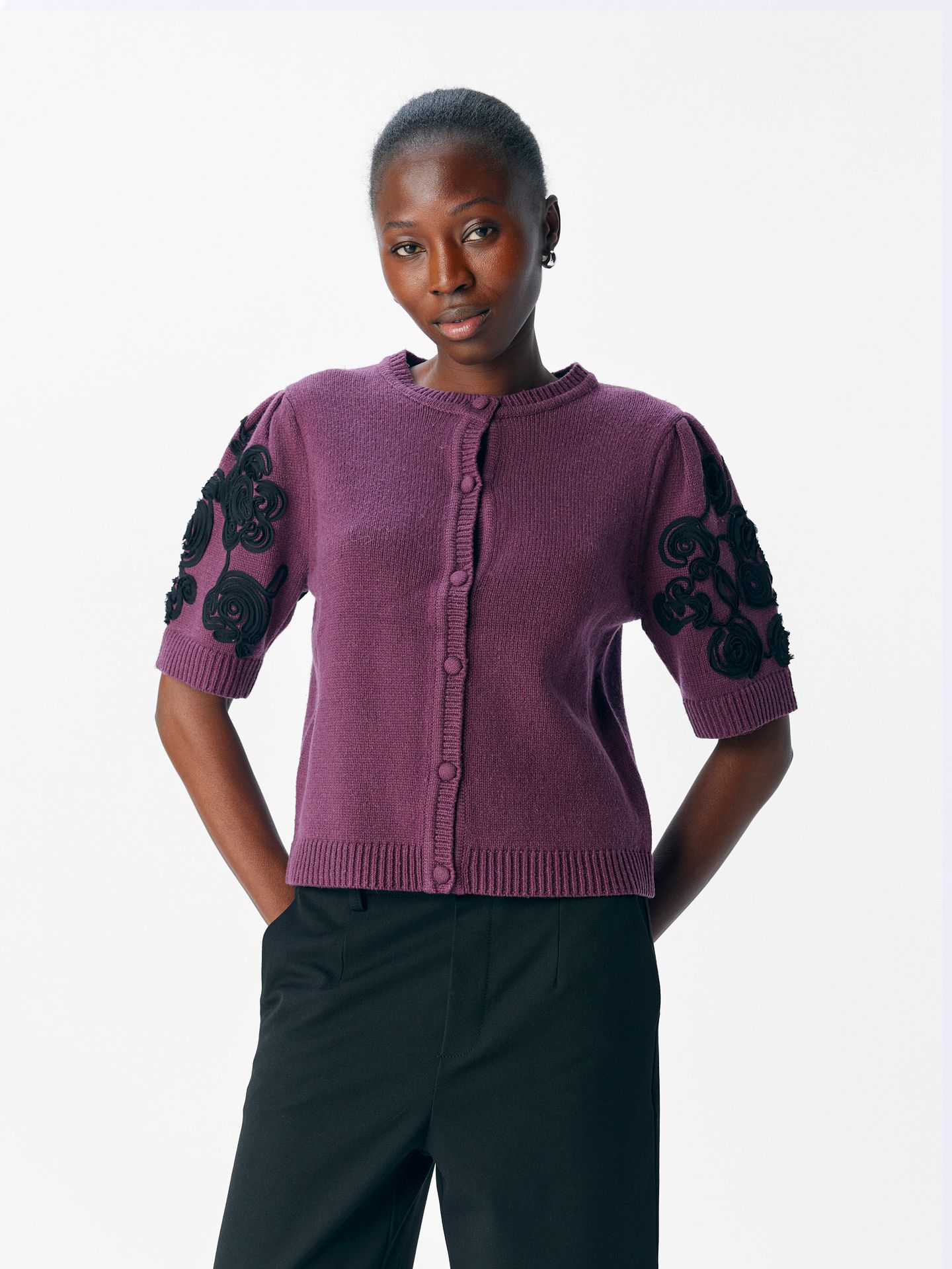 Object OBJJANE 2/4 RE KNIT CARDIGAN 140 Mauve Wine/Black emb. 2900159262022