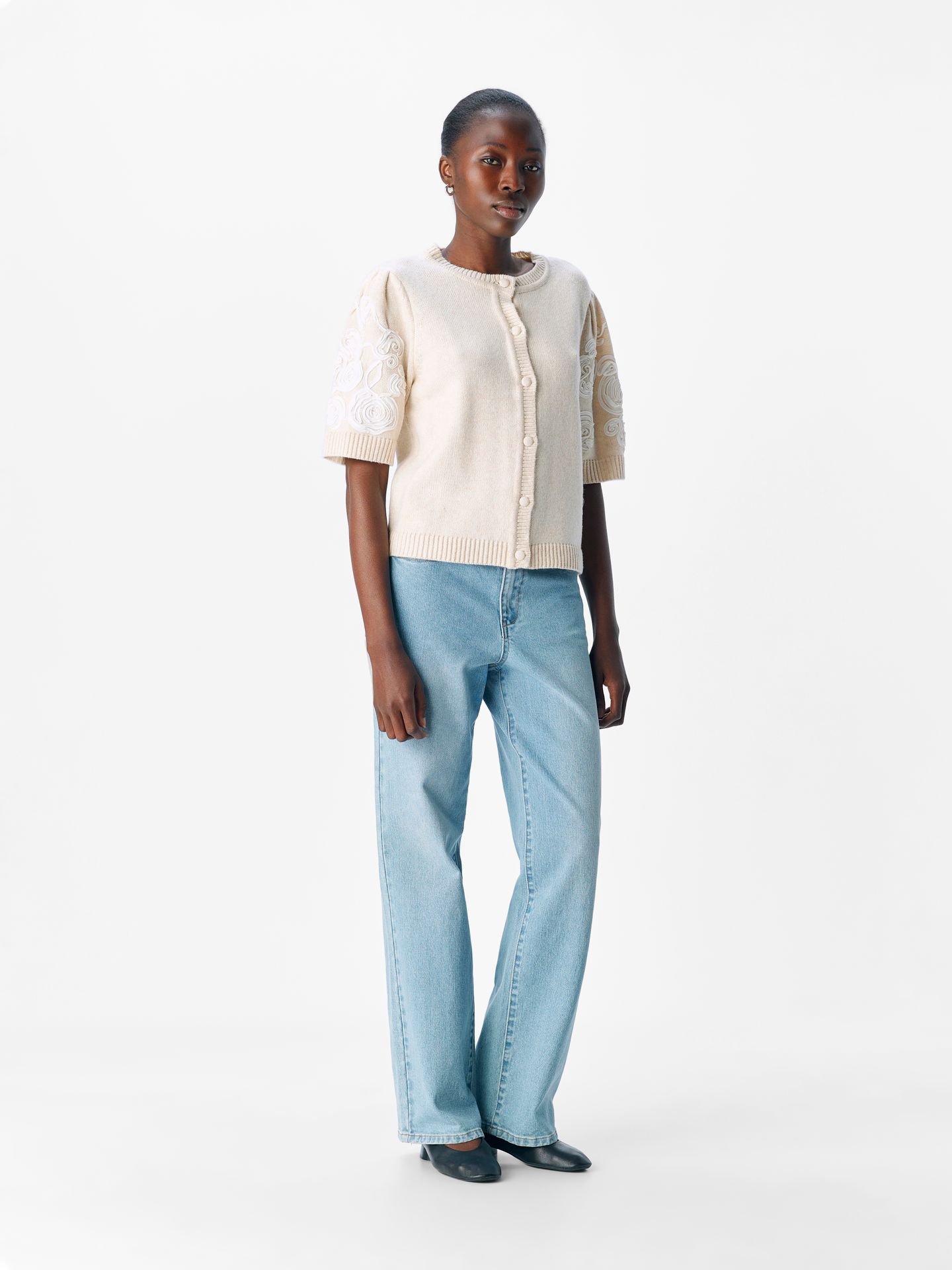 Object OBJJANE 2/4 RE KNIT CARDIGAN 140 White Sand/Mel. w. white emb. 2900159277033