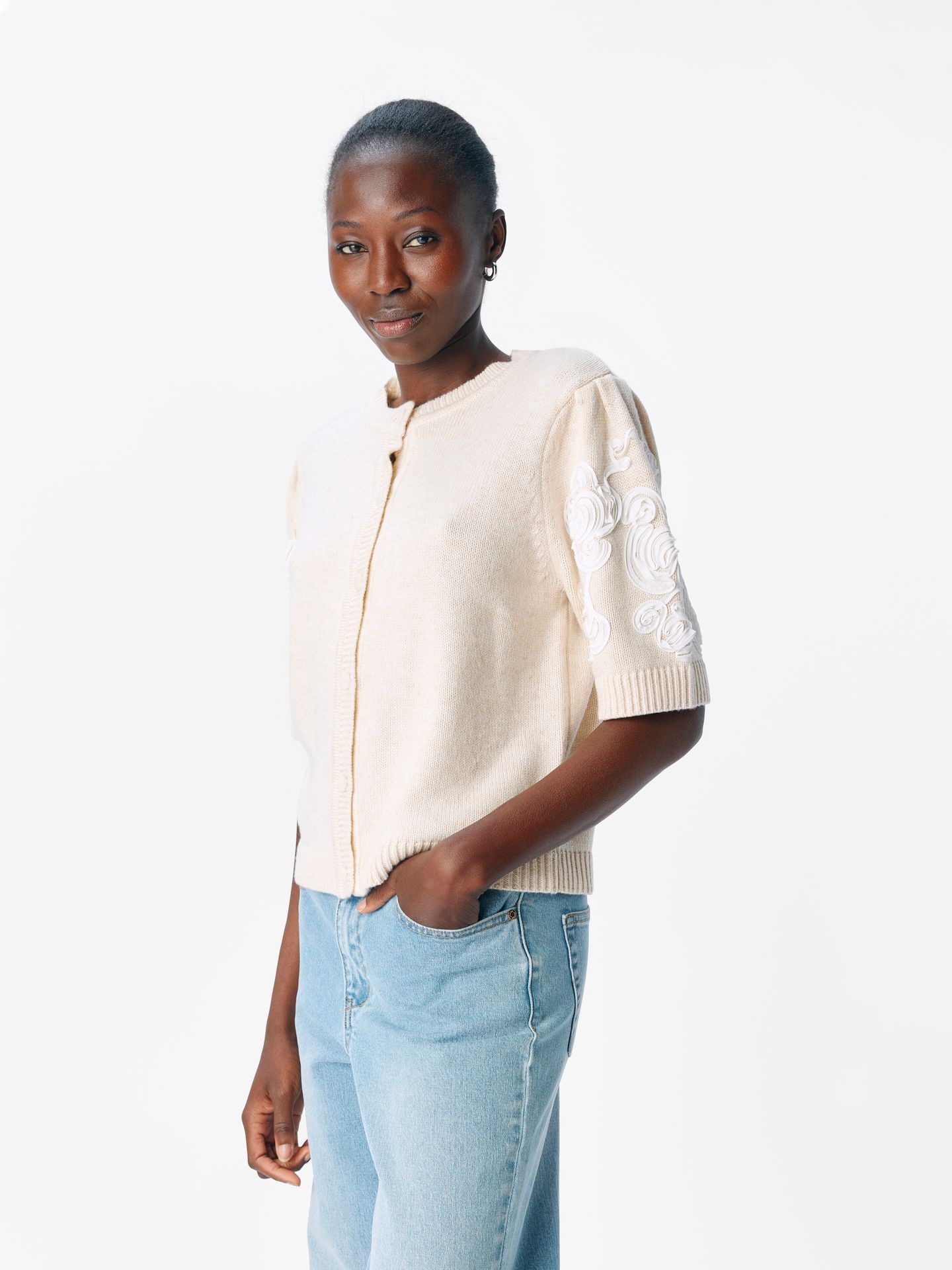 Object OBJJANE 2/4 RE KNIT CARDIGAN 140 White Sand/Mel. w. white emb. 2900159277019