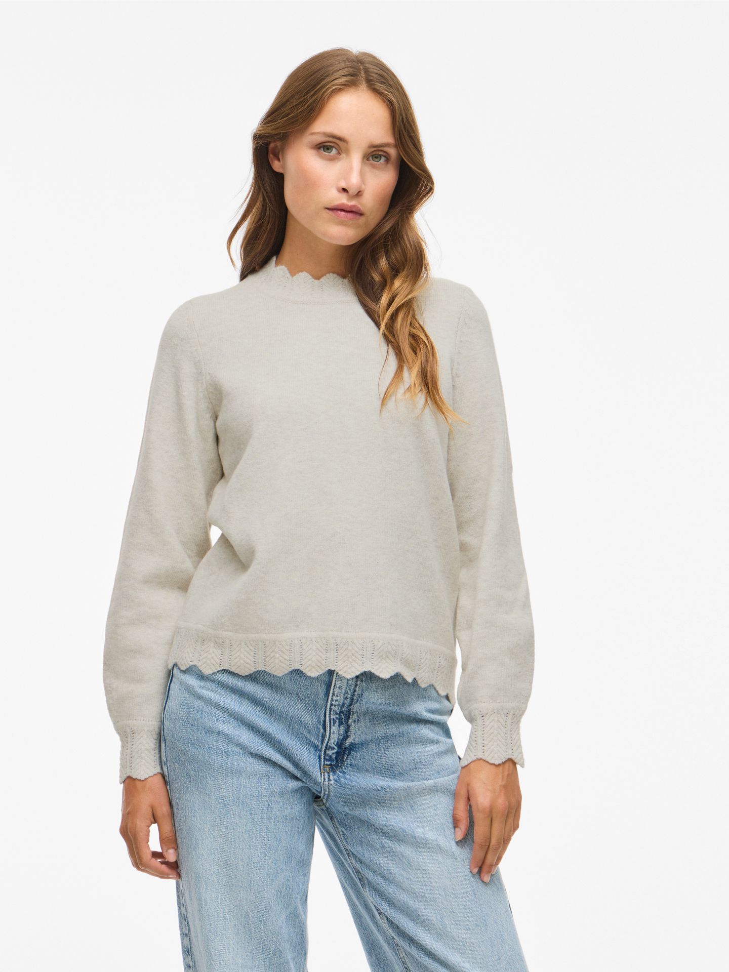 Vila VINIKOLINA O-NECK L/S KNIT TOP - NO Super Light Natural Melan 00114632-EKA22000400000179