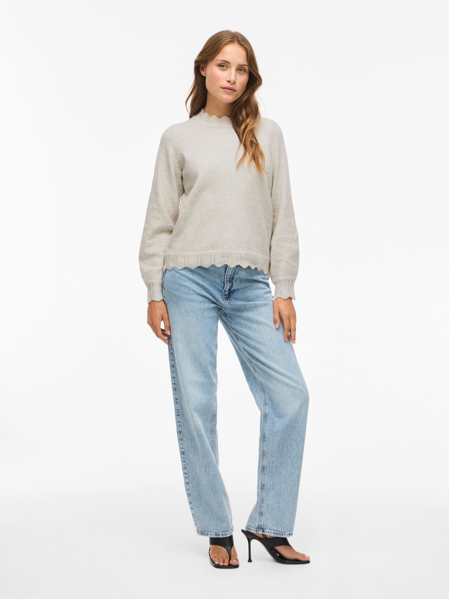 Vila VINIKOLINA O-NECK L/S KNIT TOP - NO Super Light Natural Melan 2900159335016