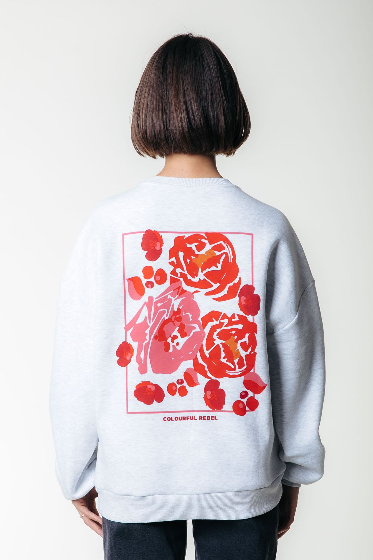 Colourful Rebel Flower Square Dropped Shoulder Sweat 213 light grey melange 00114736-EKA26011600000029