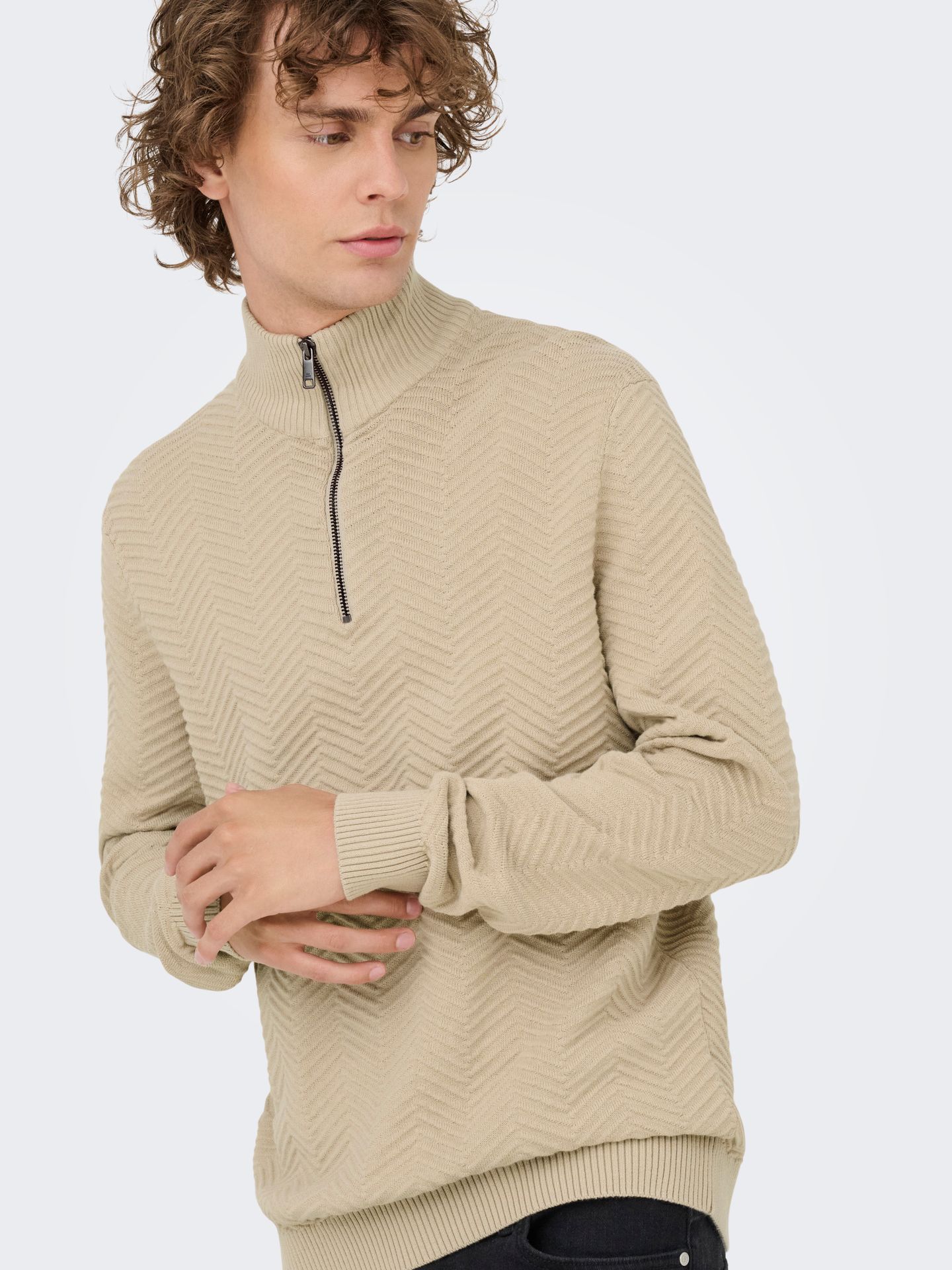 Only & Sons ONSMACE REG HERRINGBONE HALF ZIP KN Silver Lining/MELANGE 00114899-EKA26011400001994