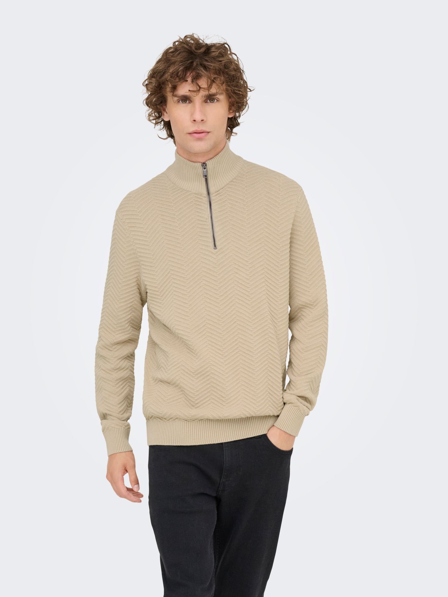 Only & Sons ONSMACE REG HERRINGBONE HALF ZIP KN Silver Lining/MELANGE 2900159676027