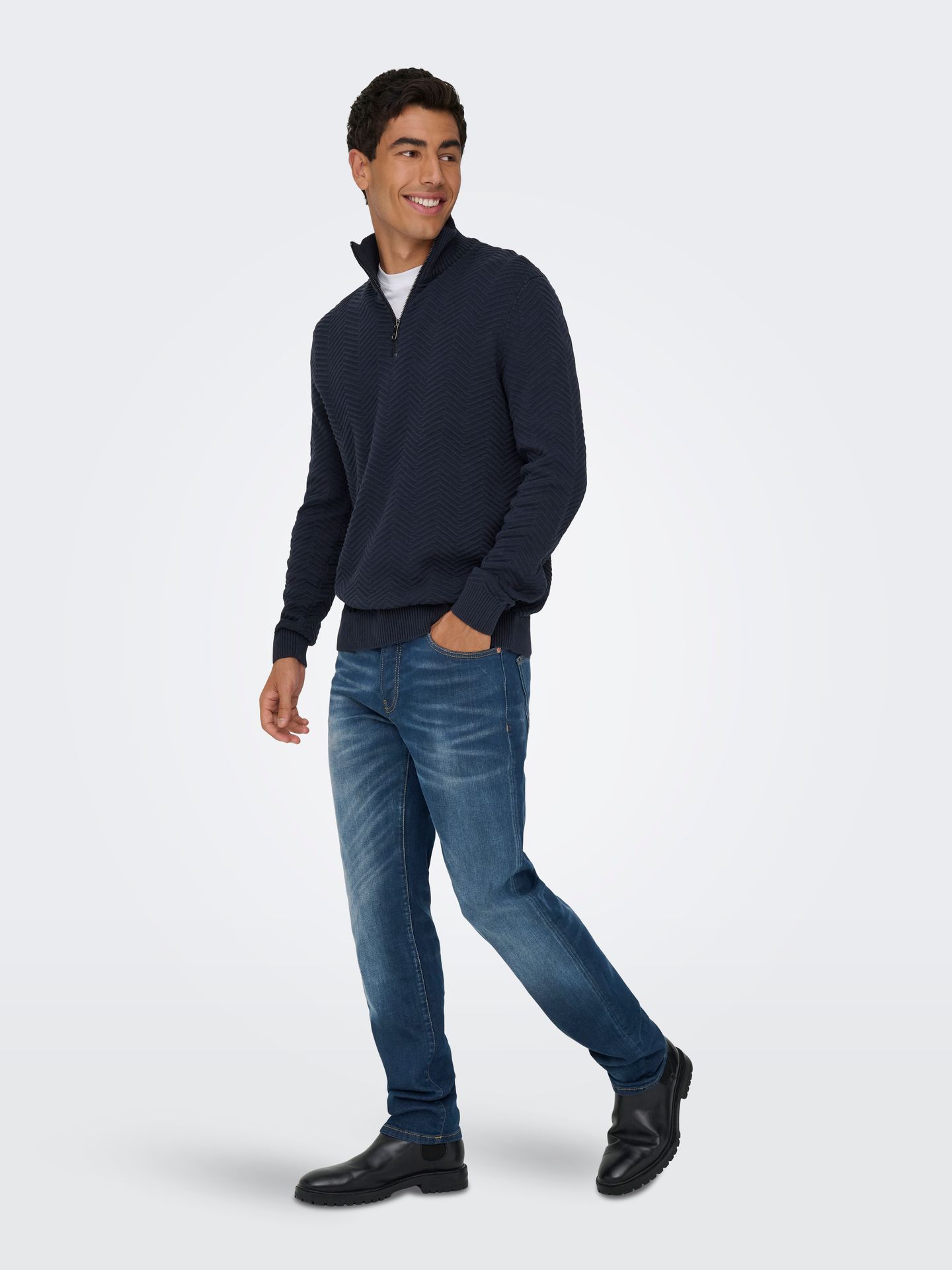 Only & Sons ONSMACE REG HERRINGBONE HALF ZIP KN Navy Blazer 2900159685043