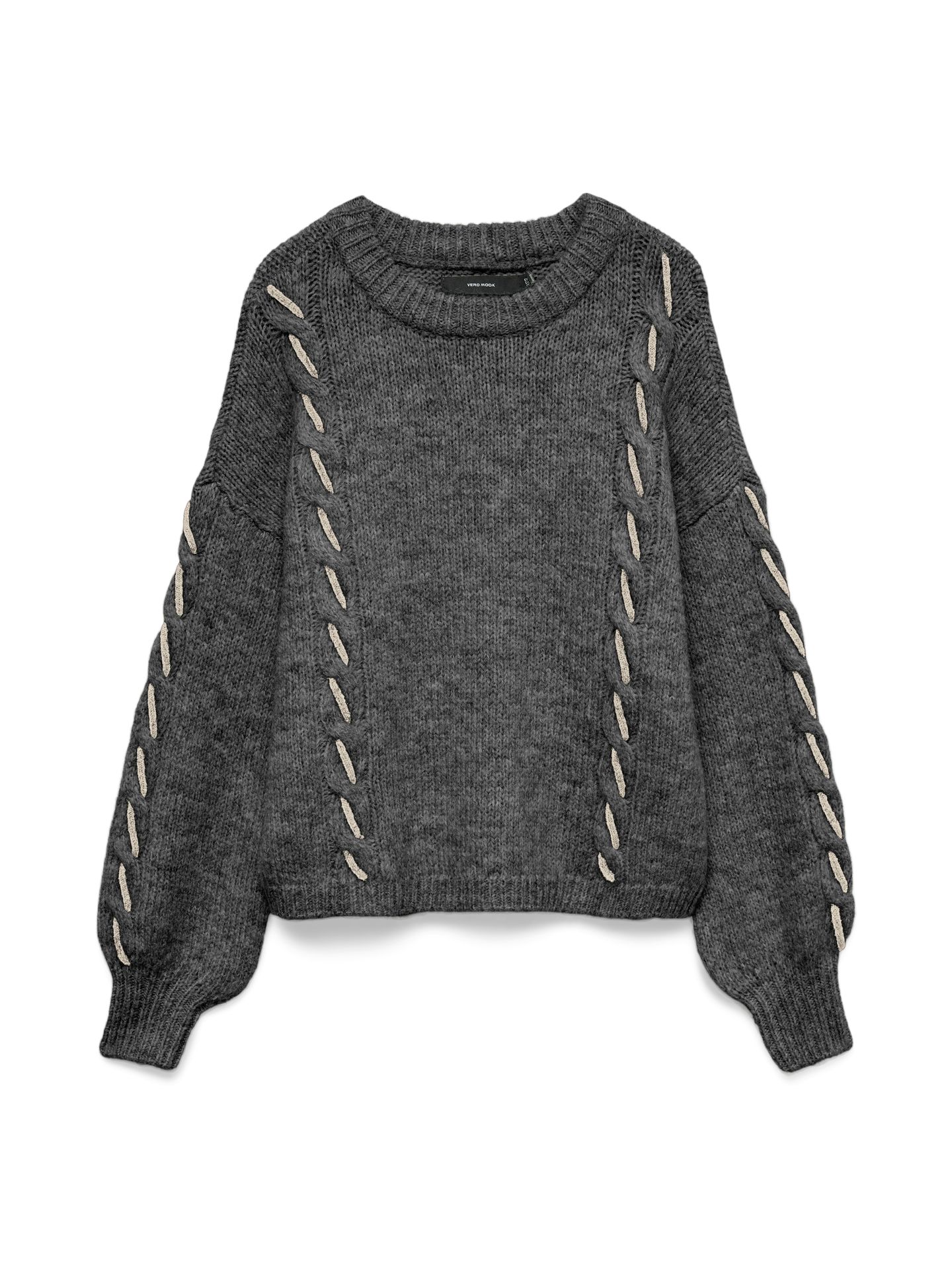 Vero Moda VMILINA LS O-NECK HANDSTITCH PULLOV Dark Grey Melange/W. BIRCH 00114979-EKA26011400003094