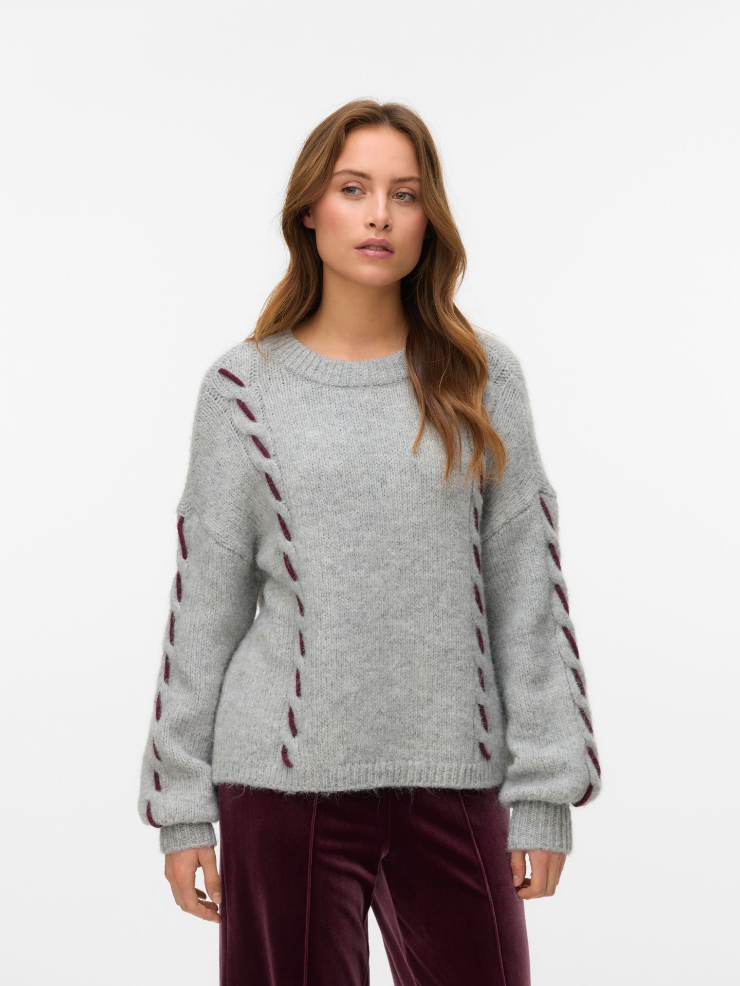 Vero Moda VMILINA LS O-NECK HANDSTITCH PULLOV Light Grey Melange/W. WINETASTING 2900159882015 Vero Moda VMILINA LS O-NECK HANDSTITCH PULLOV Light Grey Melange/W. WINETASTING 2900159882015