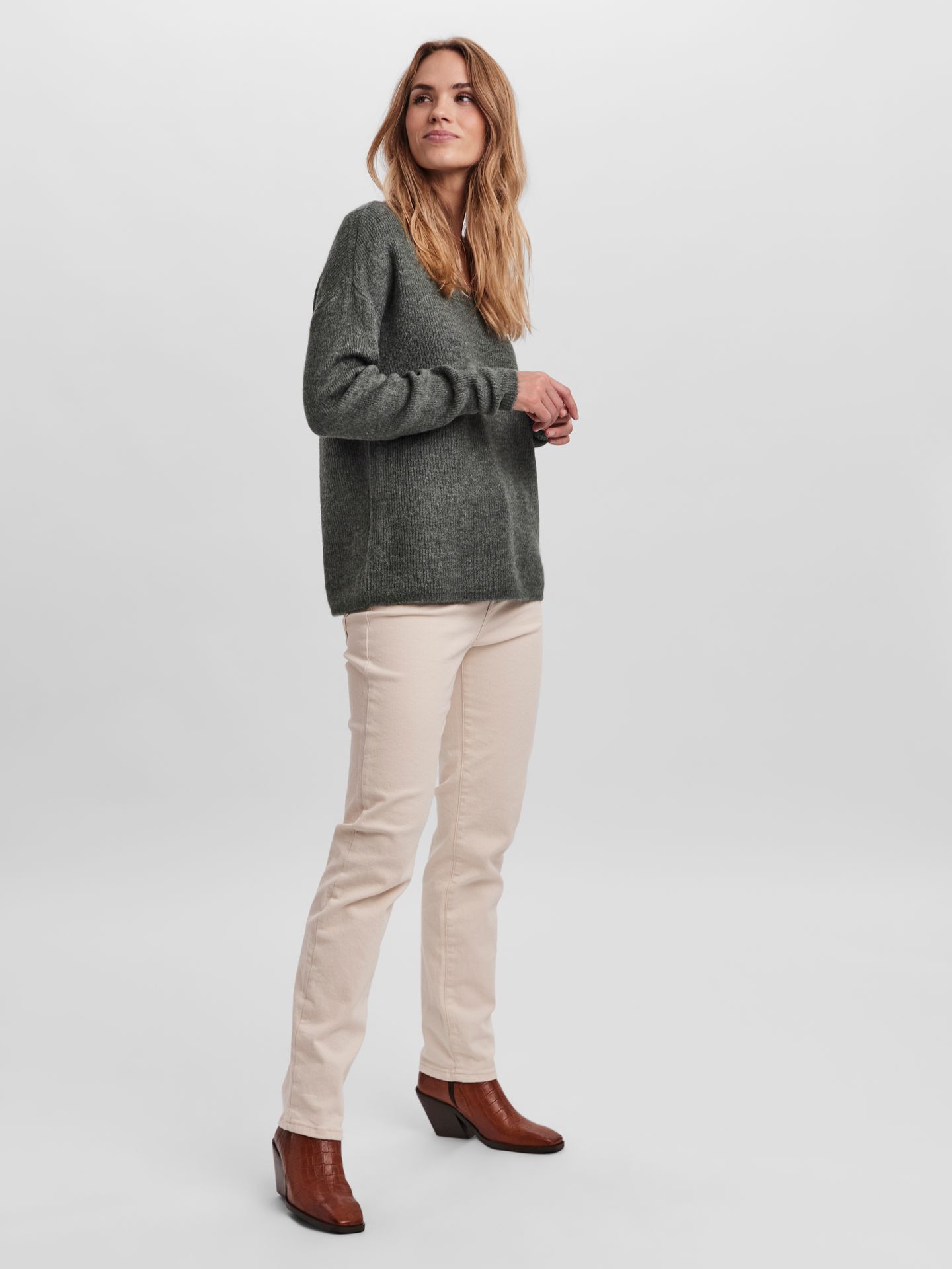 Vero Moda VMCREWLEFILE LS V-NECK BLOUSE NOOS Balsam Green/MELANGE 00114980-EKA26011400003734