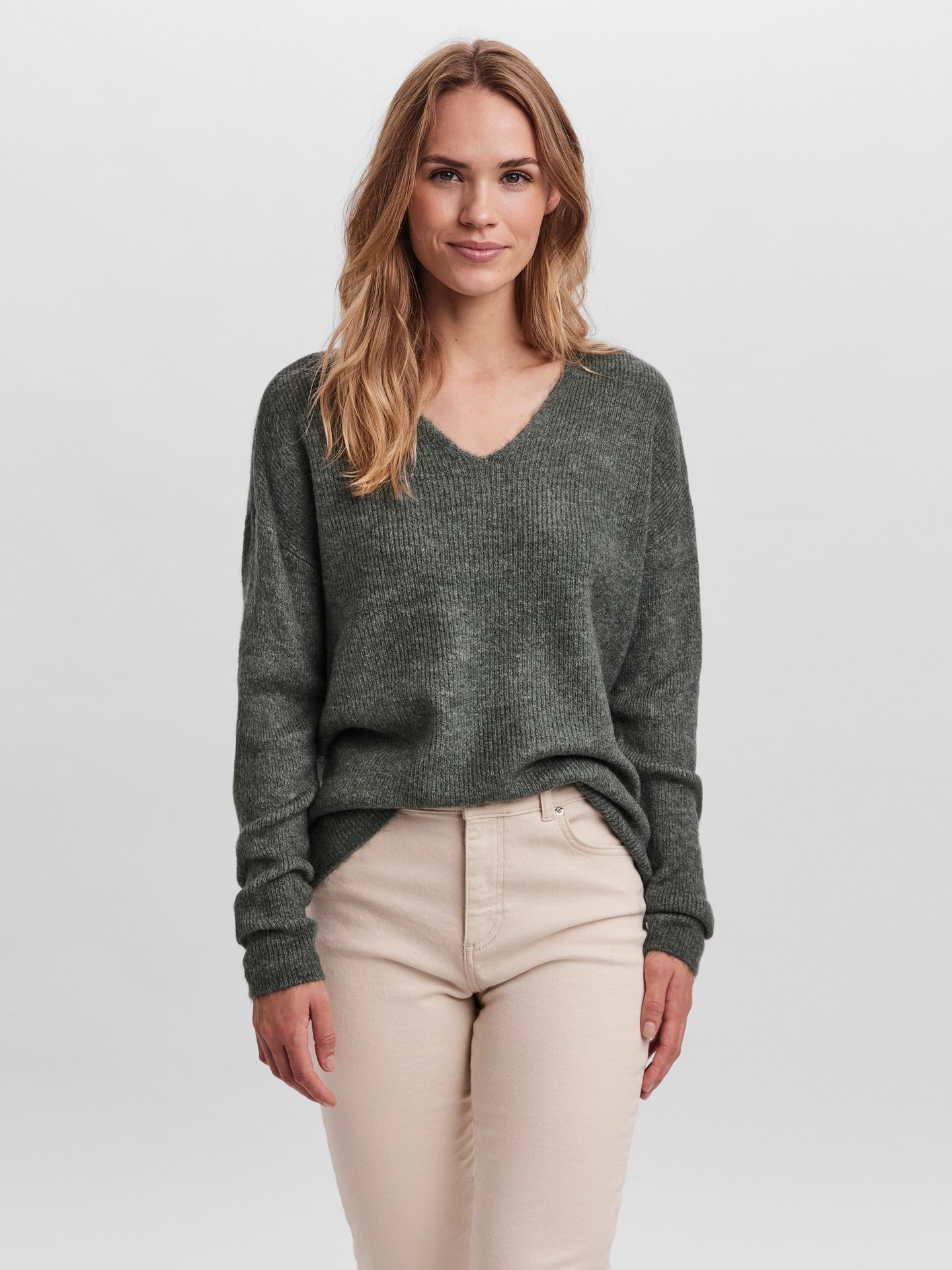 Vero Moda VMCREWLEFILE LS V-NECK BLOUSE NOOS Balsam Green/MELANGE 00114980-EKA26011400003734
