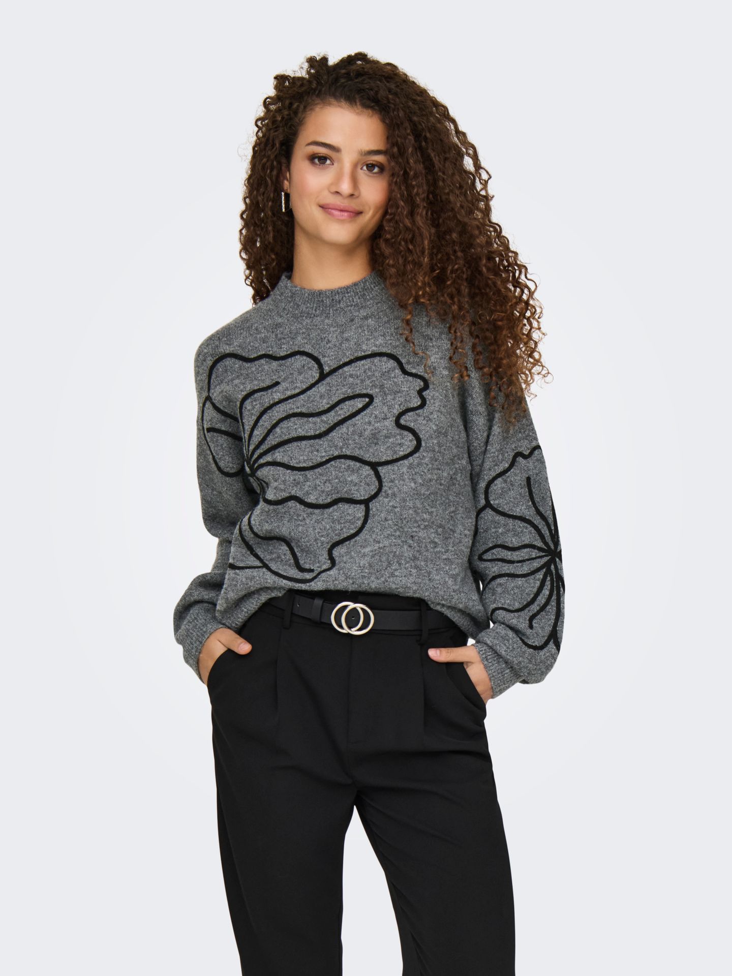 Only JDYJELLA L/S FLOWER PULLOVER KNT NO Dark Grey Melange 00115048-EKA26011400000313