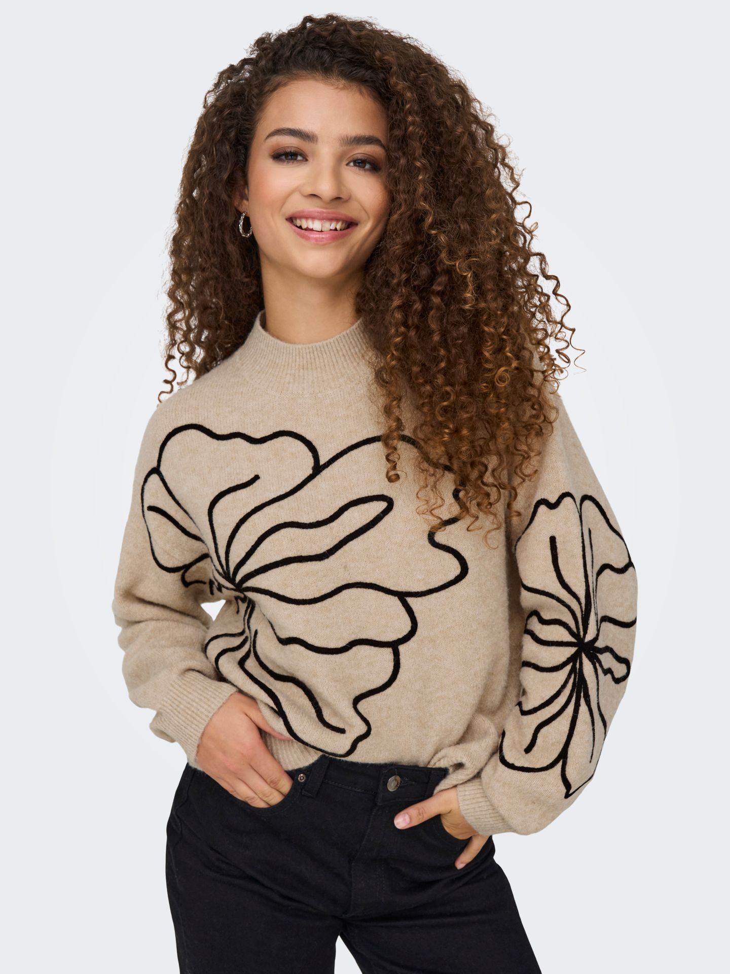 Only JDYJELLA L/S FLOWER PULLOVER KNT NO Cement/BLACK LEOPARD SPOTS 00115048-EKA26011400003110