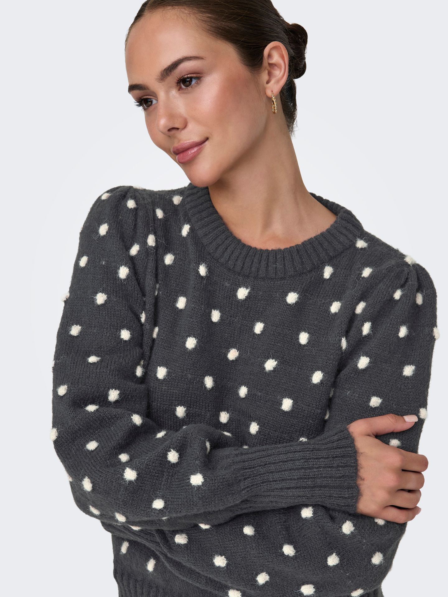 JDY JDYSIGRID LIFE L/S ON PUFF PULL KNT Dark Grey Melange/Cloud Dancer 2900160269010