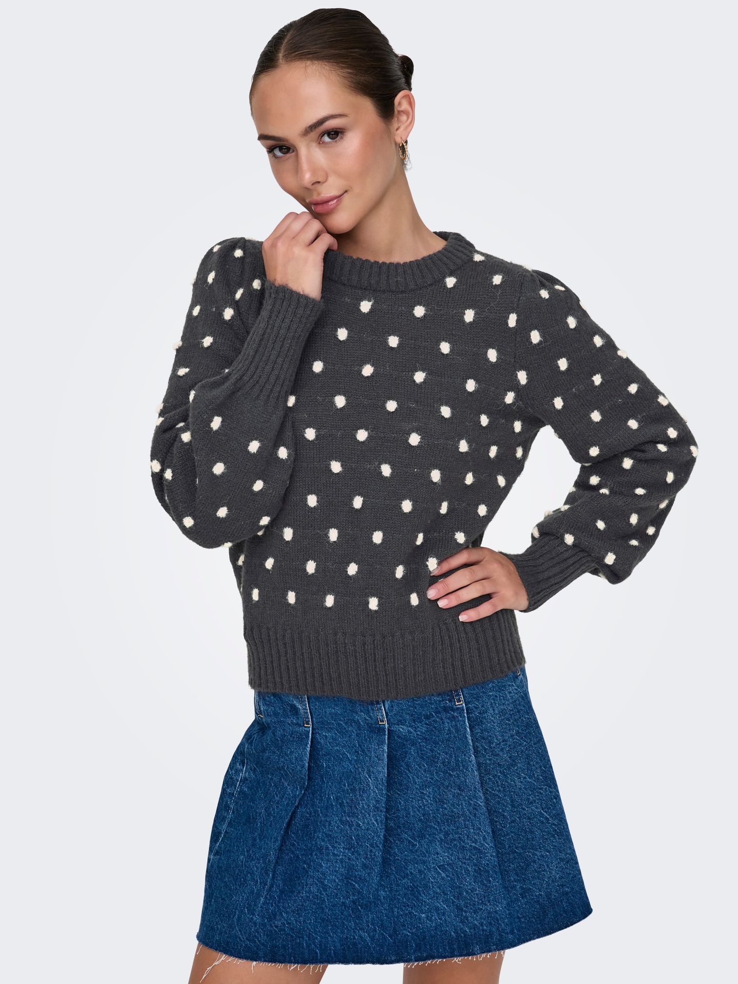 JDY JDYSIGRID LIFE L/S ON PUFF PULL KNT Dark Grey Melange/Cloud Dancer 2900160269010