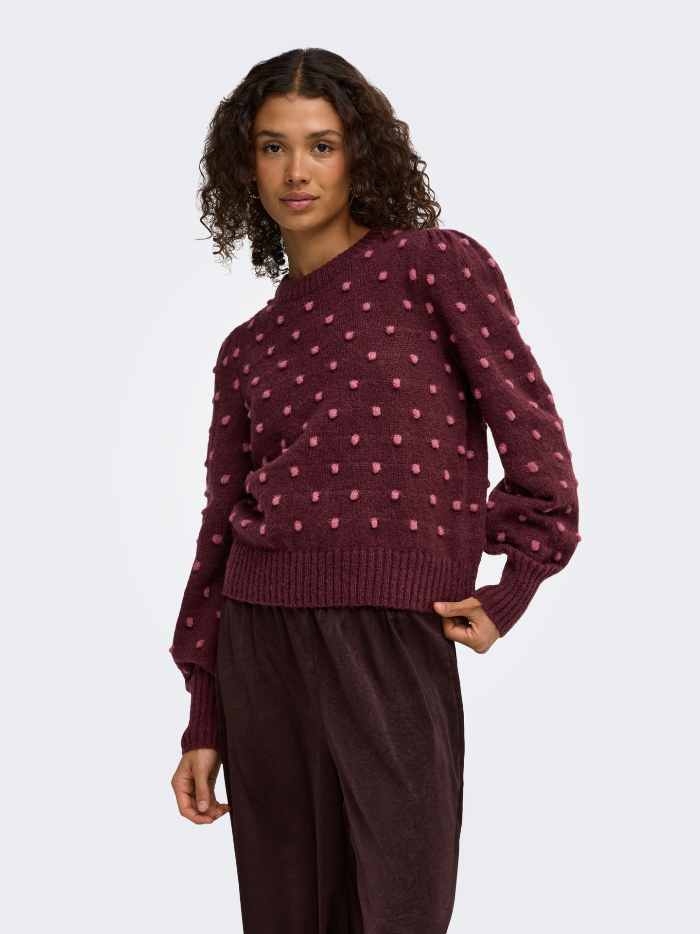 Only JDYSIGRID LIFE L/S ON PUFF PULL KNT Windsor Wine/W. DECO ROSE DOTS 2900170514018
