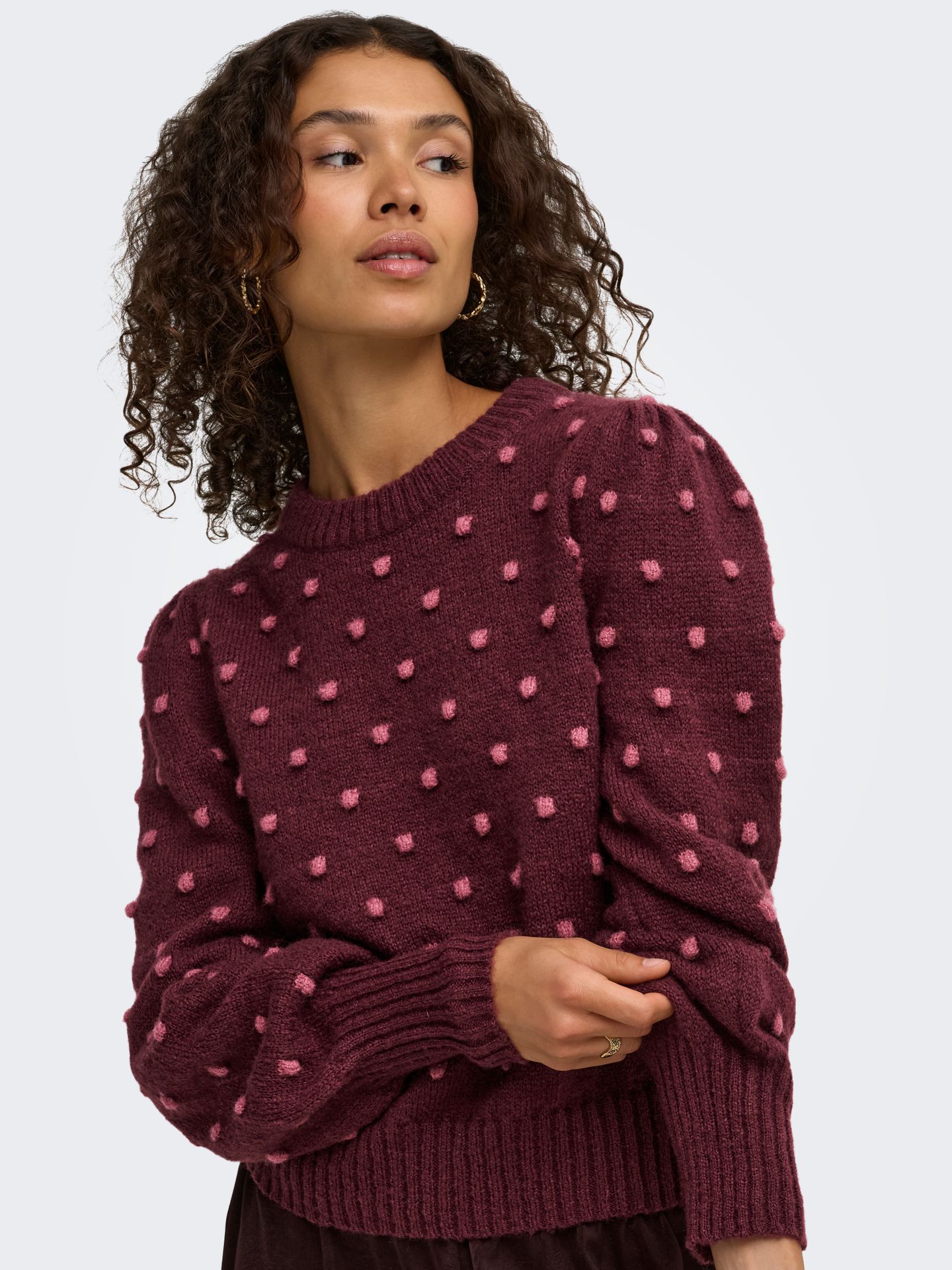 Only JDYSIGRID LIFE L/S ON PUFF PULL KNT Windsor Wine/W. DECO ROSE DOTS 2900170514018
