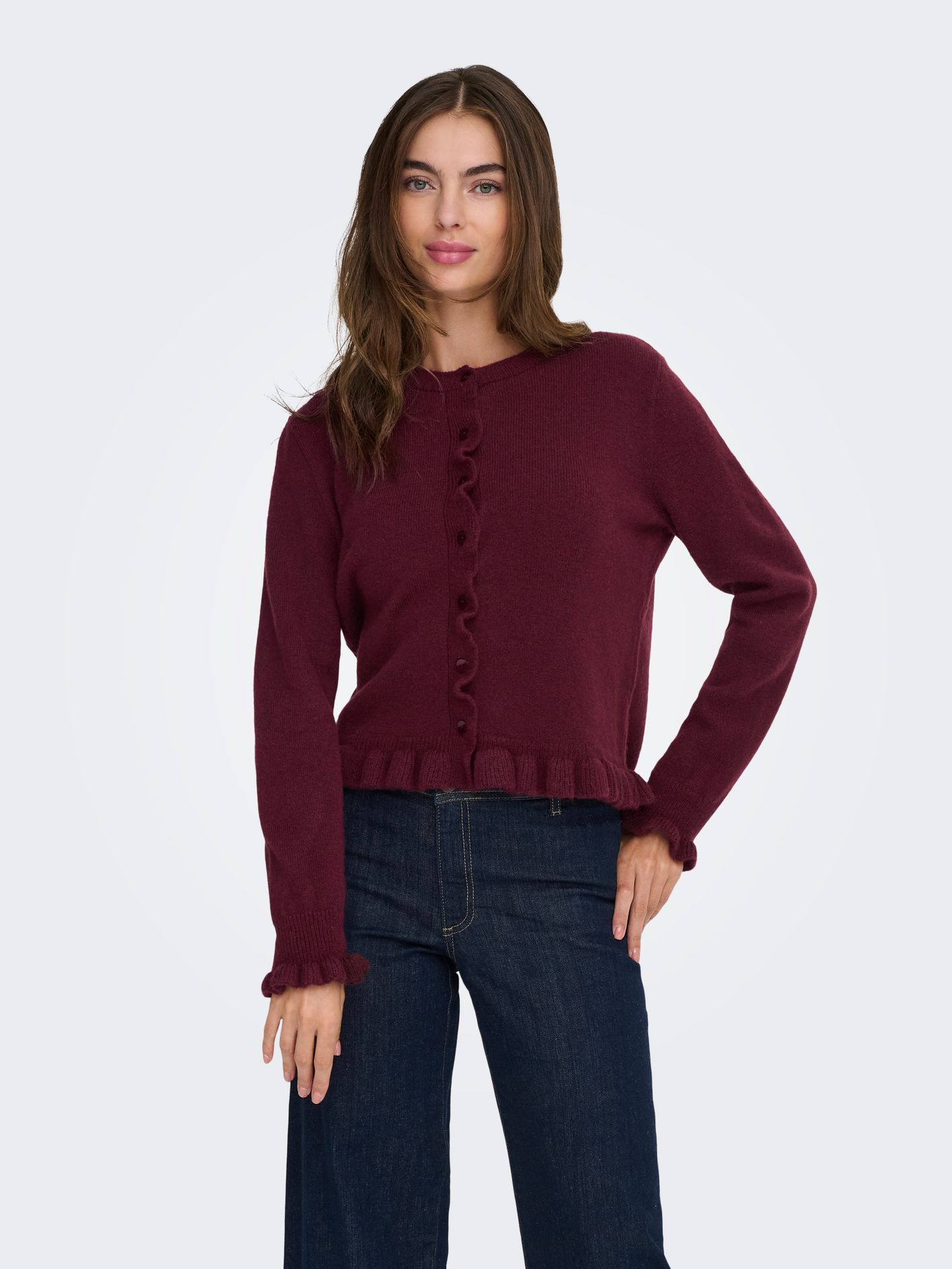 JDY JDYLETTY L/S ON FRILL CARDIGAN KNT Maroon Banner/MELANGE 2900160374059