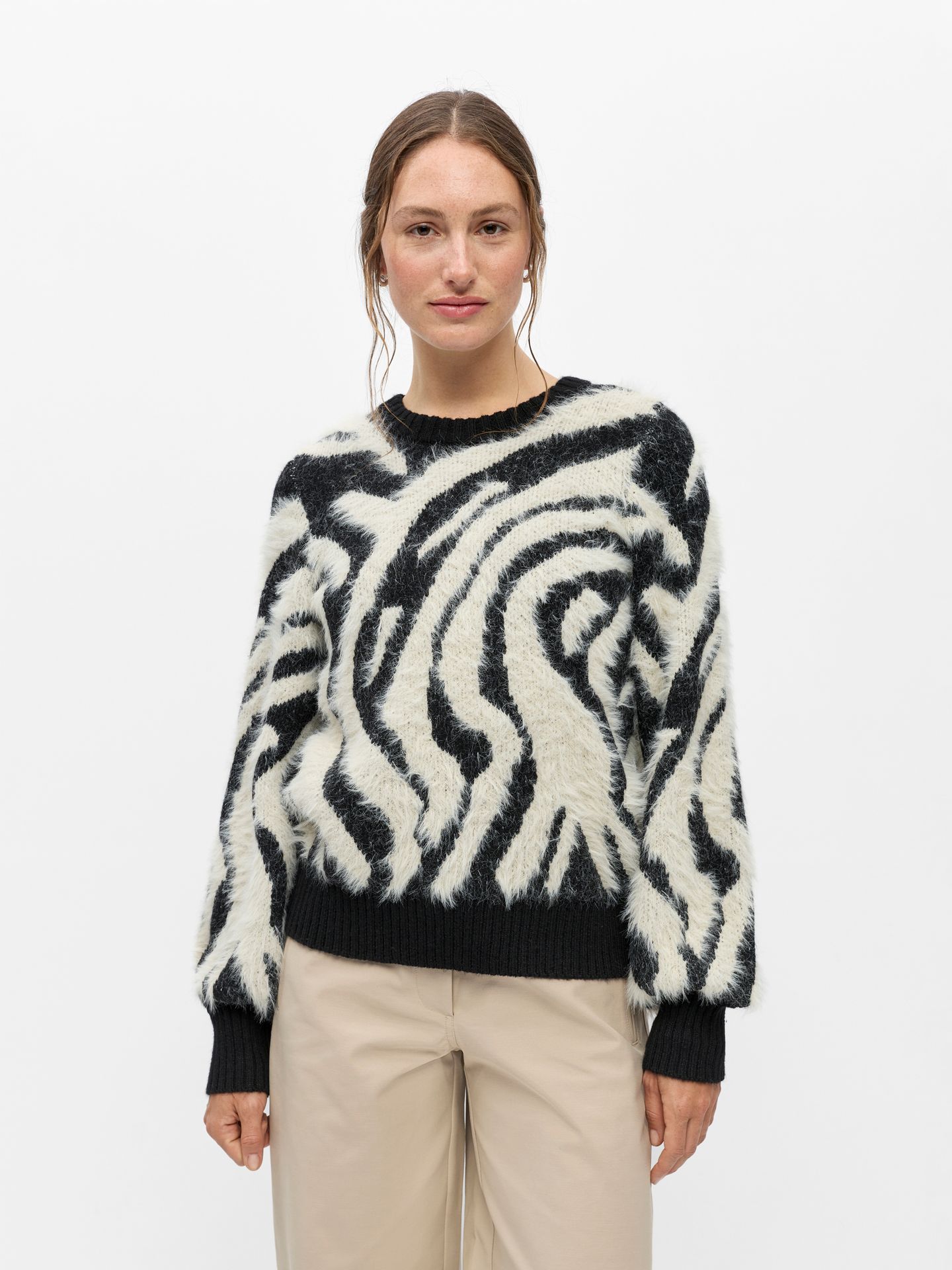 Object OBJHOLLOW L/S RE KNIT PULLOVER NOOS Black/Sandshell vertical stripes 2900169711053