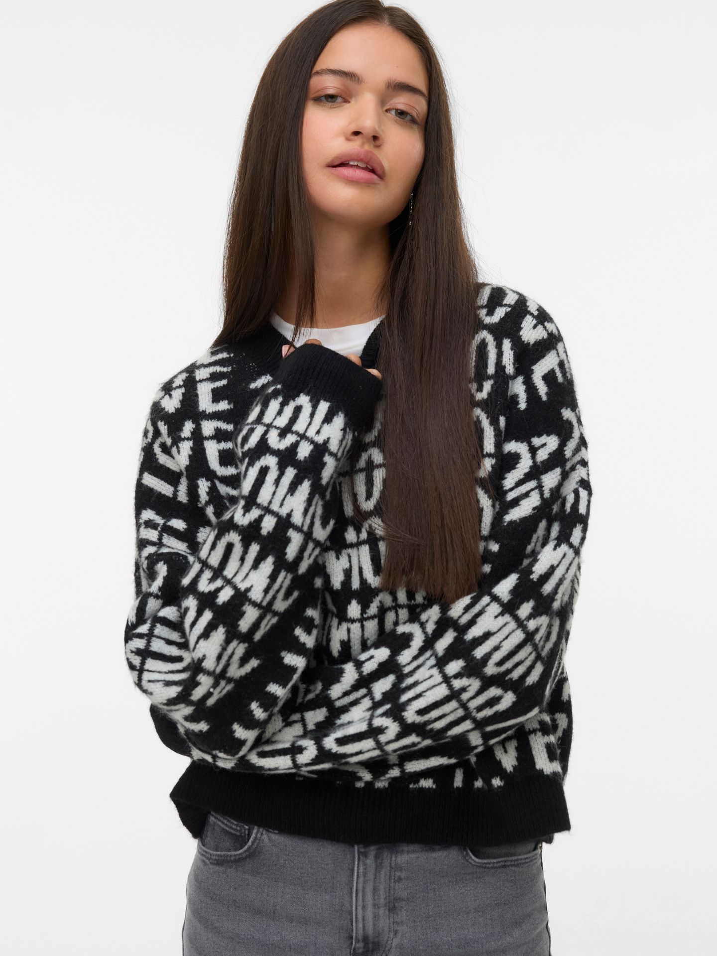 Vero Moda VMLOVE LS O-NECK PULLOVER BOO Black/W BIRCH 00115464-EKA26011400000606