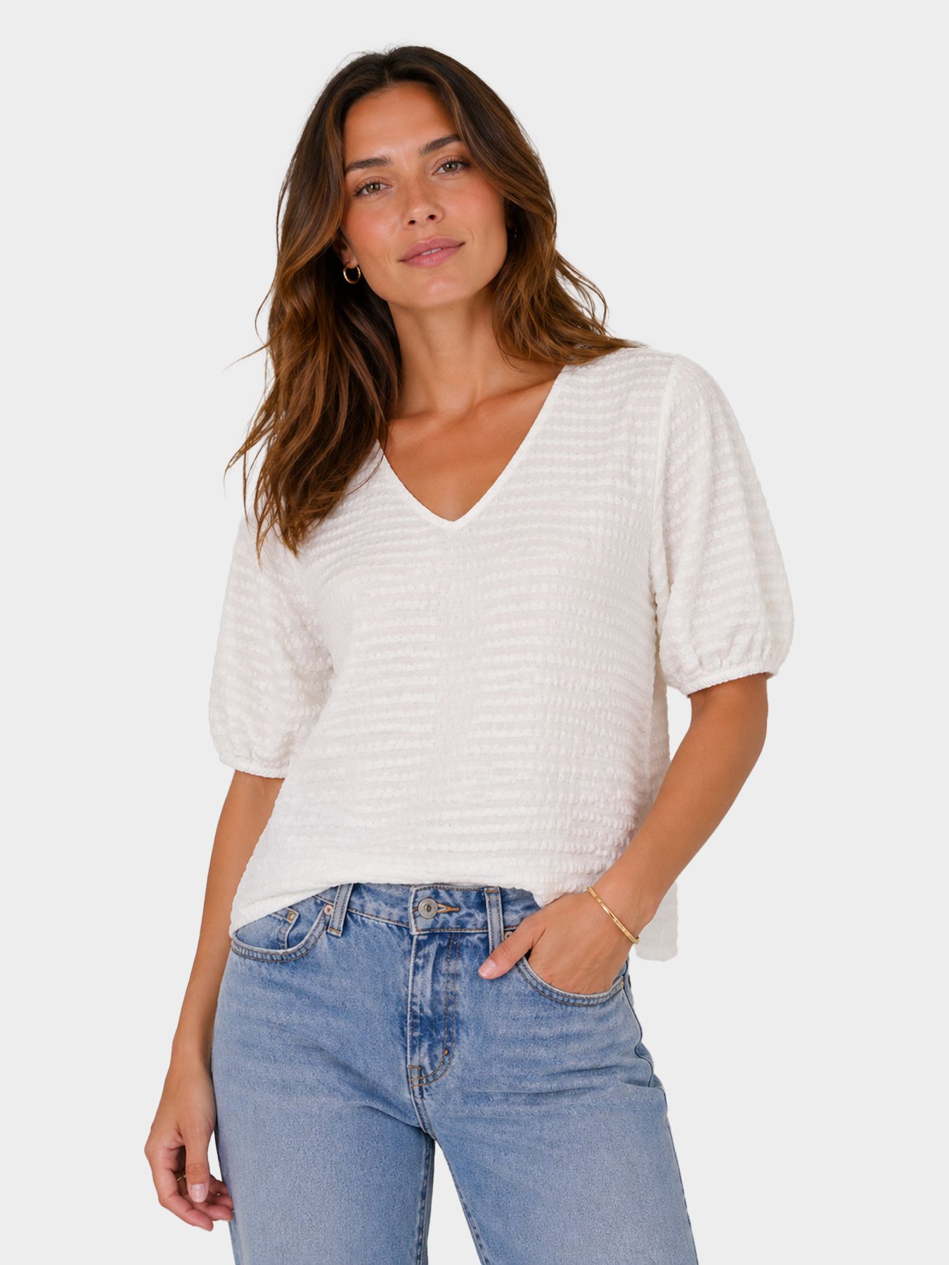 Tramontana Puff-Sleeve V-Neck Top Off White 001100 00115526-EKA26012900000018