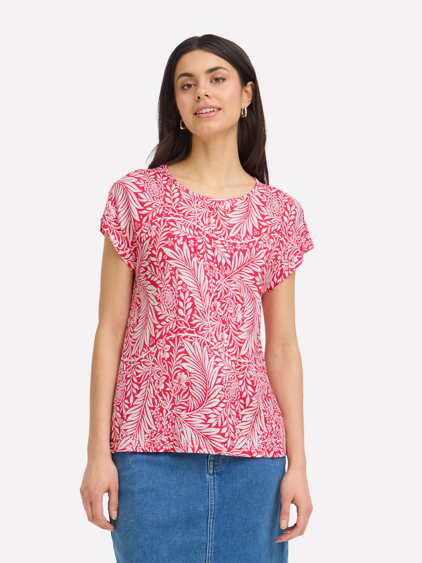 Fransa FRAMY TEE 1 PINK WHITE PALM FLORAL 00115538-EKA26006200000550