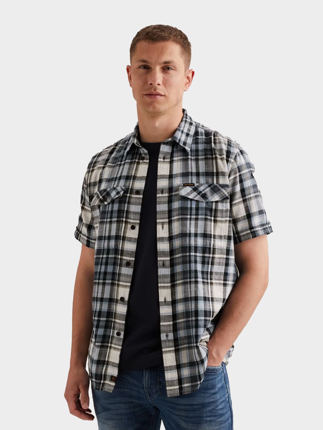 Pme Legend Short Sleeve Shirt Slub Check Vintage Indigo 00115859-5301