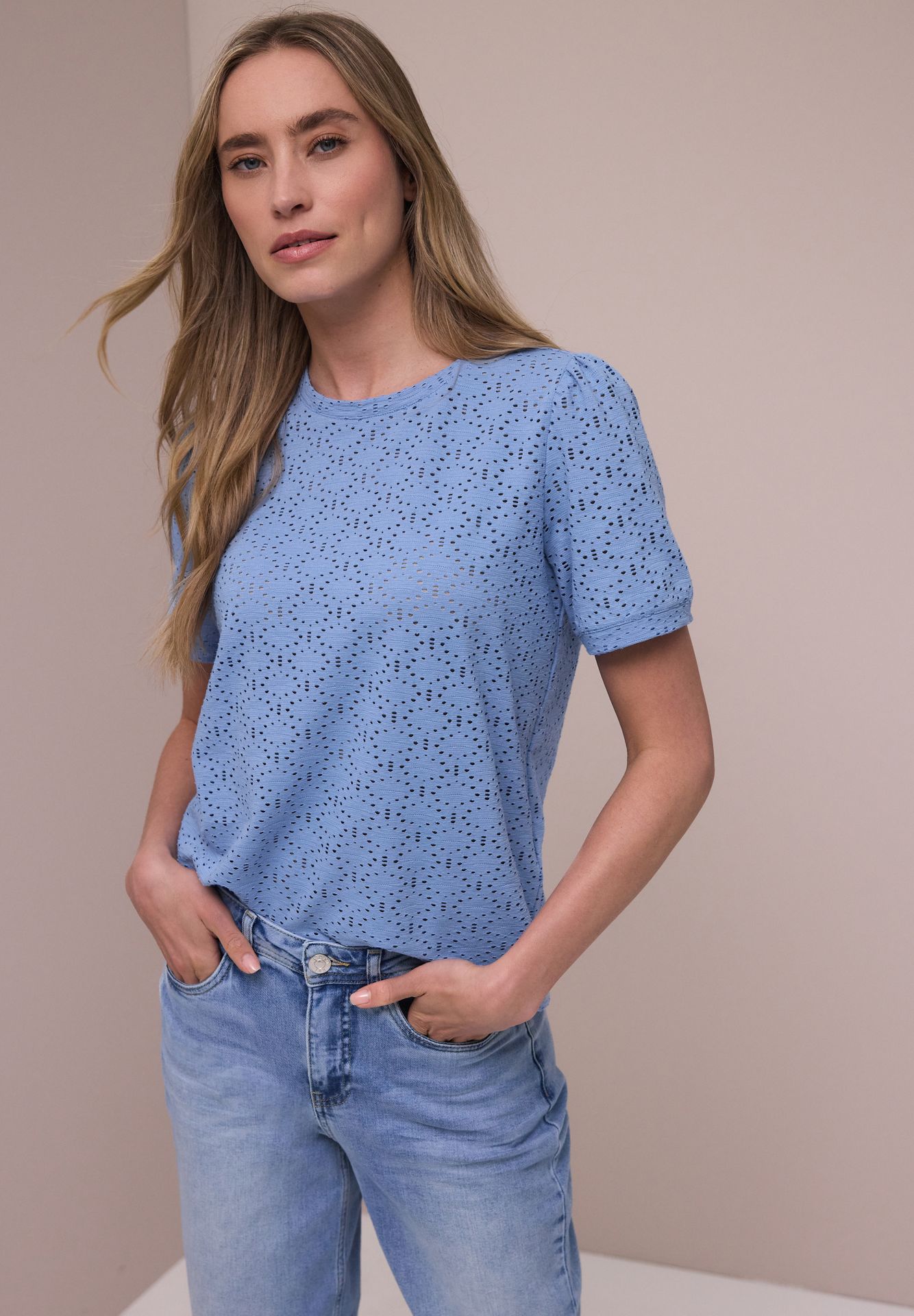 Street-One A325071 shirt w.cut out lace and pu drift blue 2900162006026