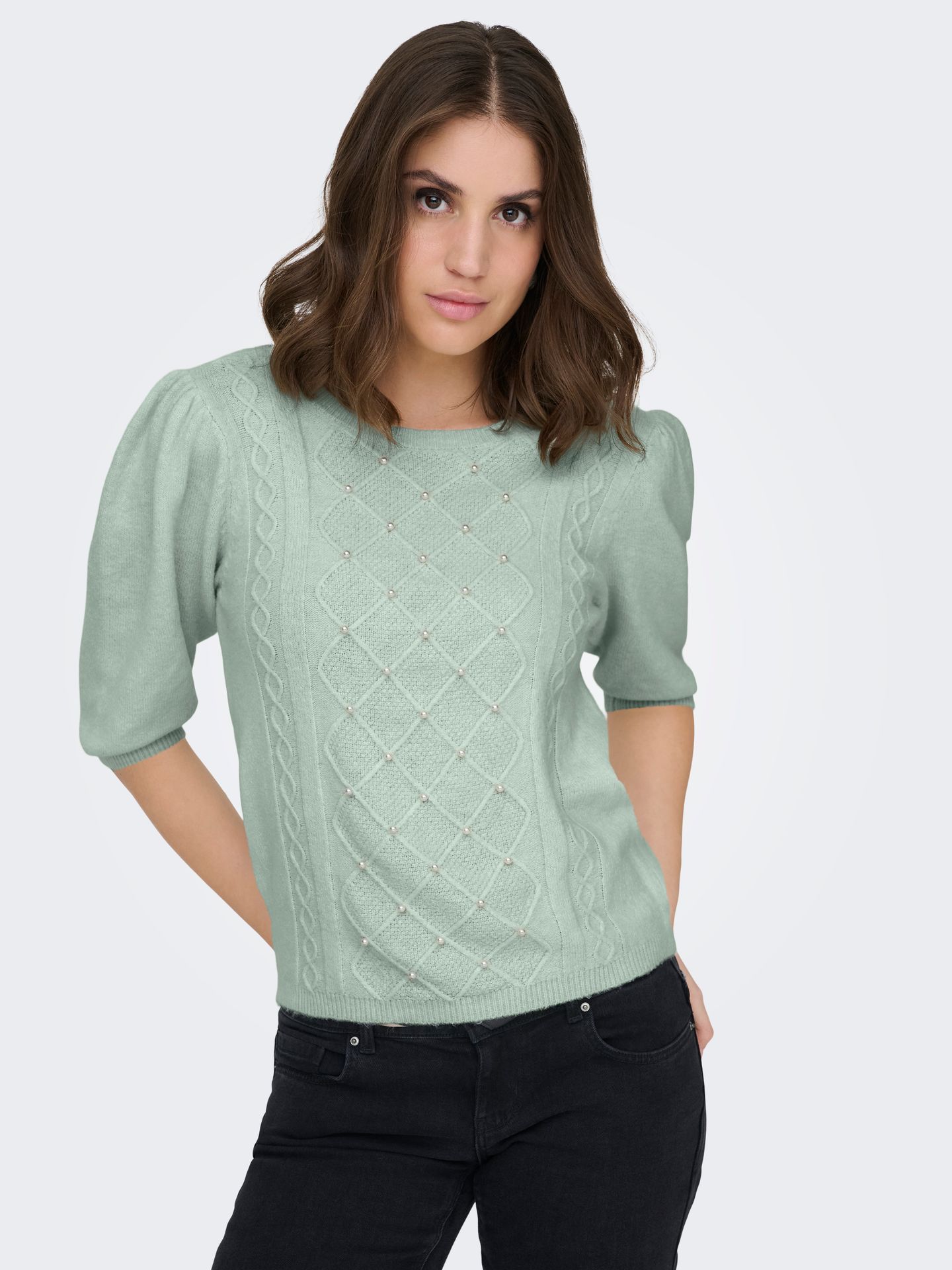 Only ONLGLORIA LIFE SS PEARL O-NECK CC K Green Lily/Melange/White Pearls 2900162270045