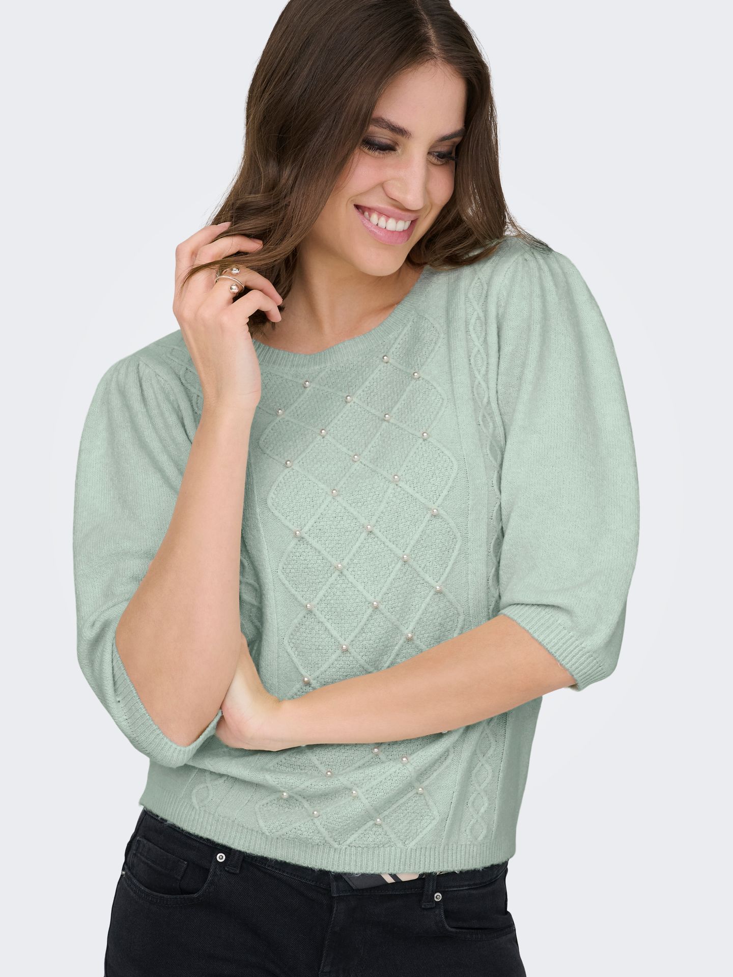 Only ONLGLORIA LIFE SS PEARL O-NECK CC K Green Lily/Melange/White Pearls 2900162270045