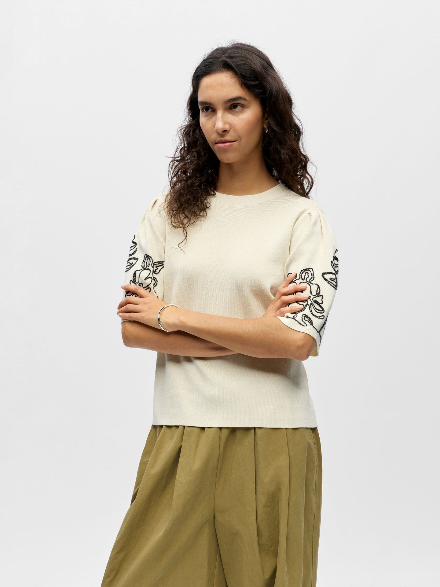 Object OBJFLORA 2/4 RE KNIT PULLOVER 143 Birch/Black 00116497-EKA22000400000207