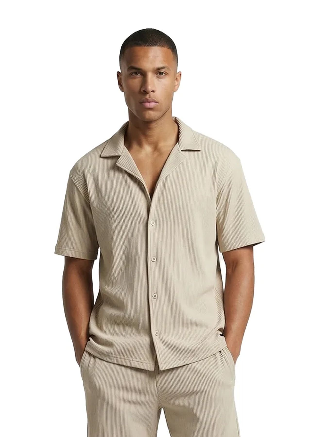 Malelions Malelions Men Ribbed Camp Collar Shirt 50014 light taupe 00116548-EKA26010700000007