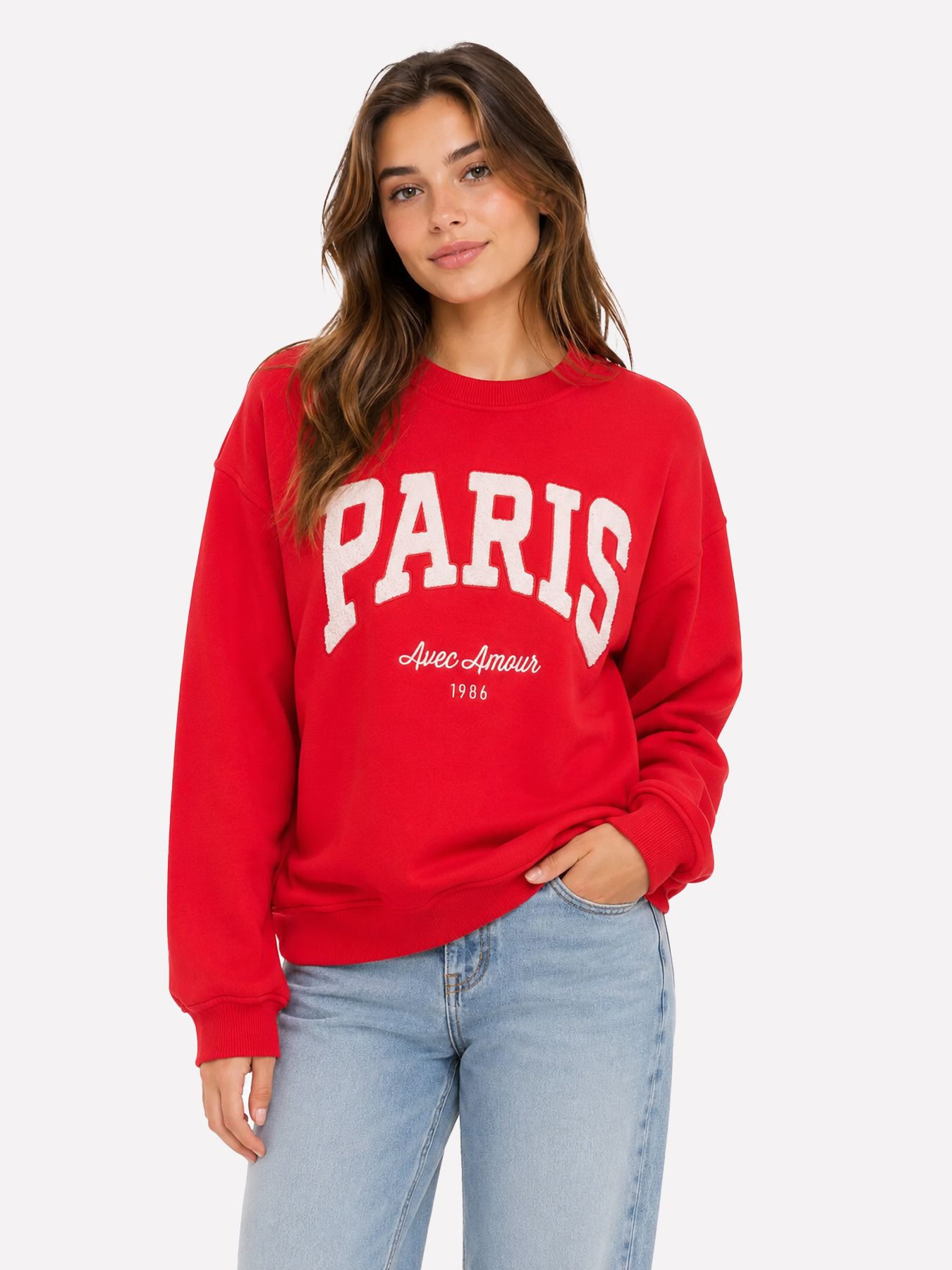 JDY JDYMESA LIFE L/S O-NK EMB SWEAT JRS Racing Red/PARIS AVEC AMOUR 00116613-EKA26011400003522