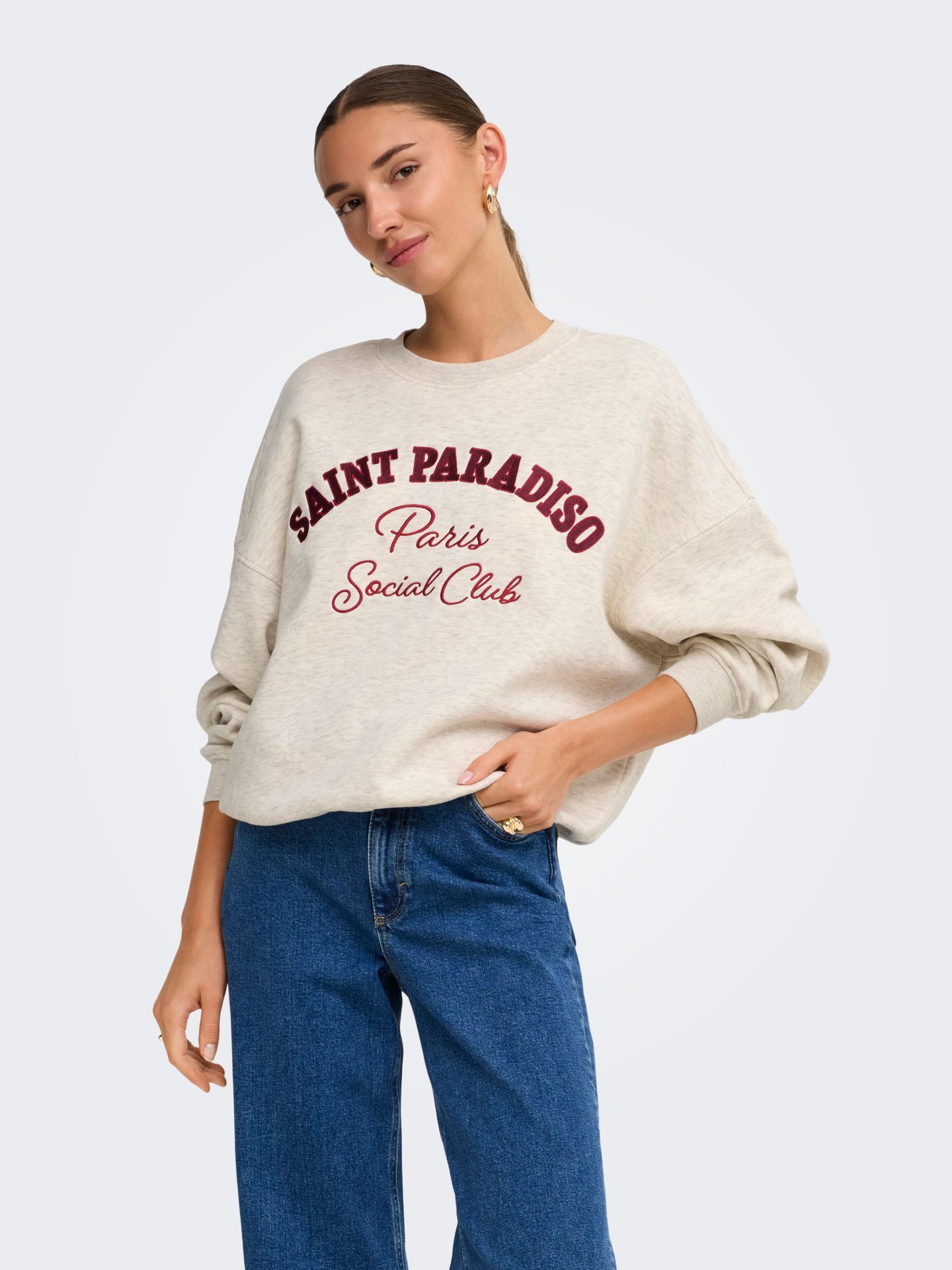 Only JDYMESA LIFE L/S O-NK EMB SWEAT JRS Oatmeal/MELANGE/WIND WINE+TIB RED S 2900170515060