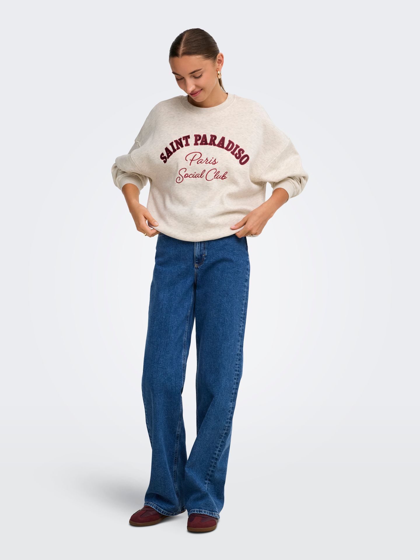 Only JDYMESA LIFE L/S O-NK EMB SWEAT JRS Oatmeal/MELANGE/WIND WINE+TIB RED S 2900170515060