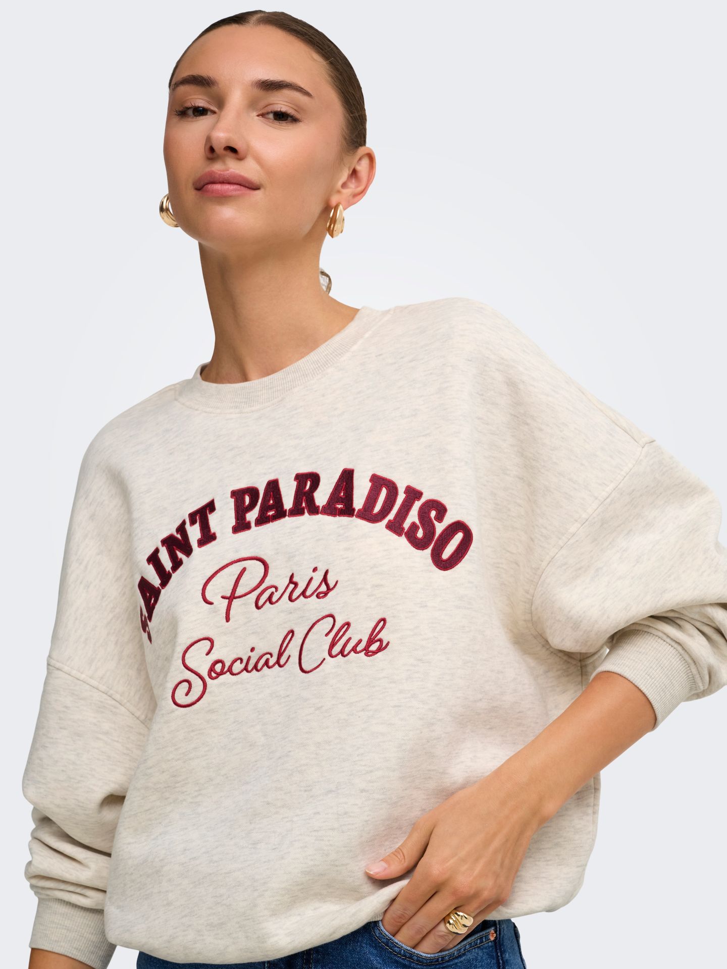 Only JDYMESA LIFE L/S O-NK EMB SWEAT JRS Oatmeal/MELANGE/WIND WINE+TIB RED S 2900170515060