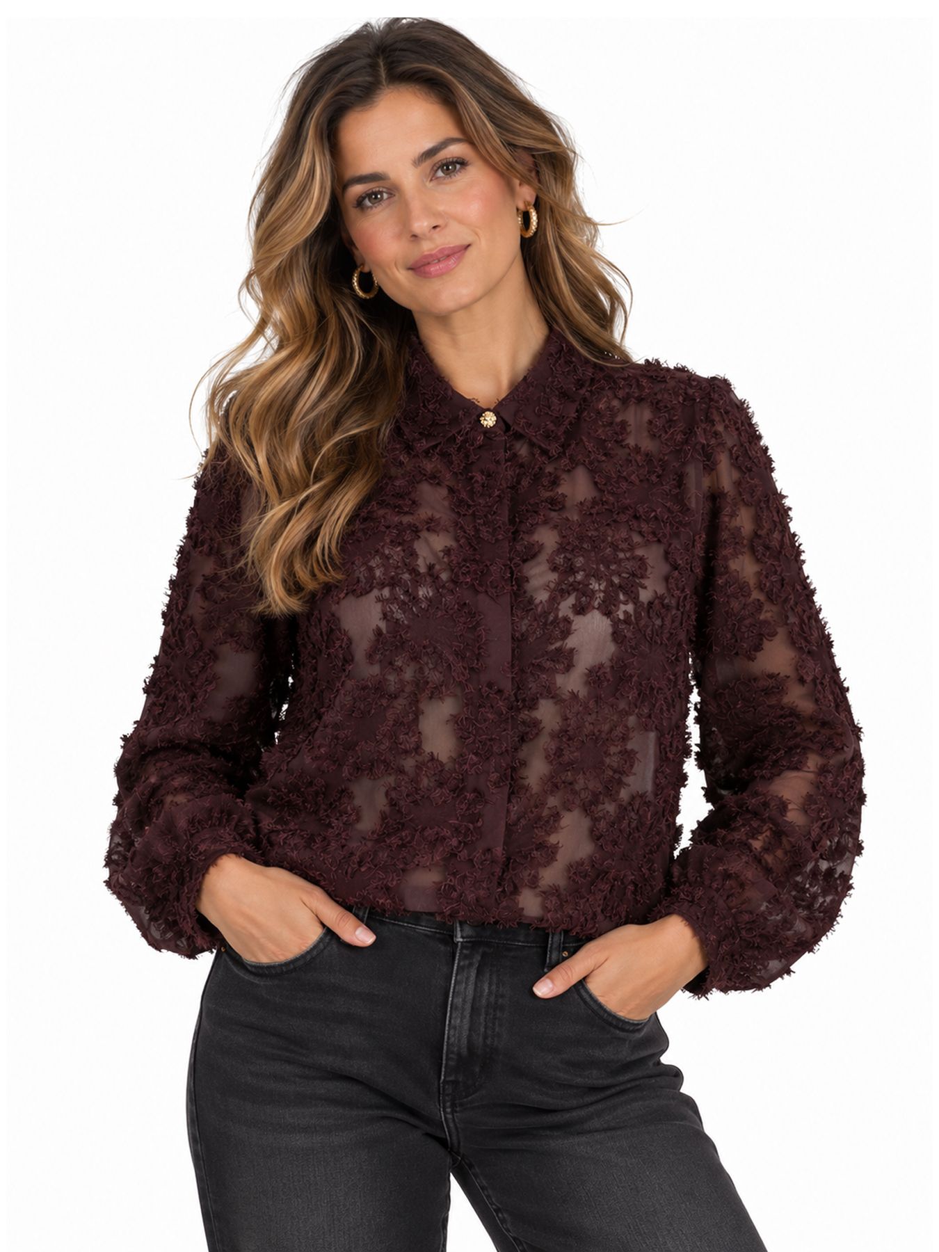 Red Button Blouse fringes burgundy344 00116731-EKA26007300000119