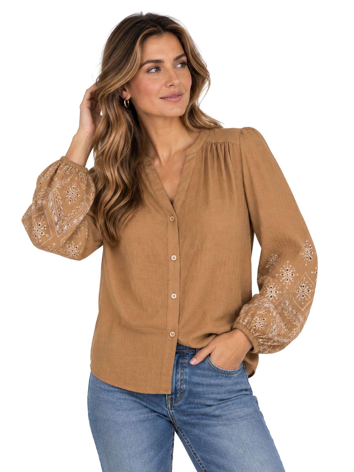 Red Button Blouse embroidery light praline738 00116733-EKA26007300000124