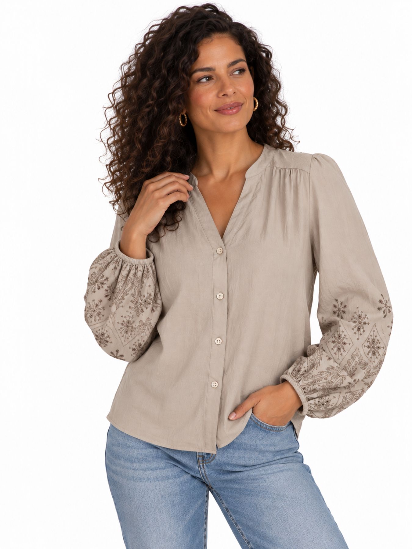 Red Button Blouse embroidery light truffle739 00116733-EKA26007300000125