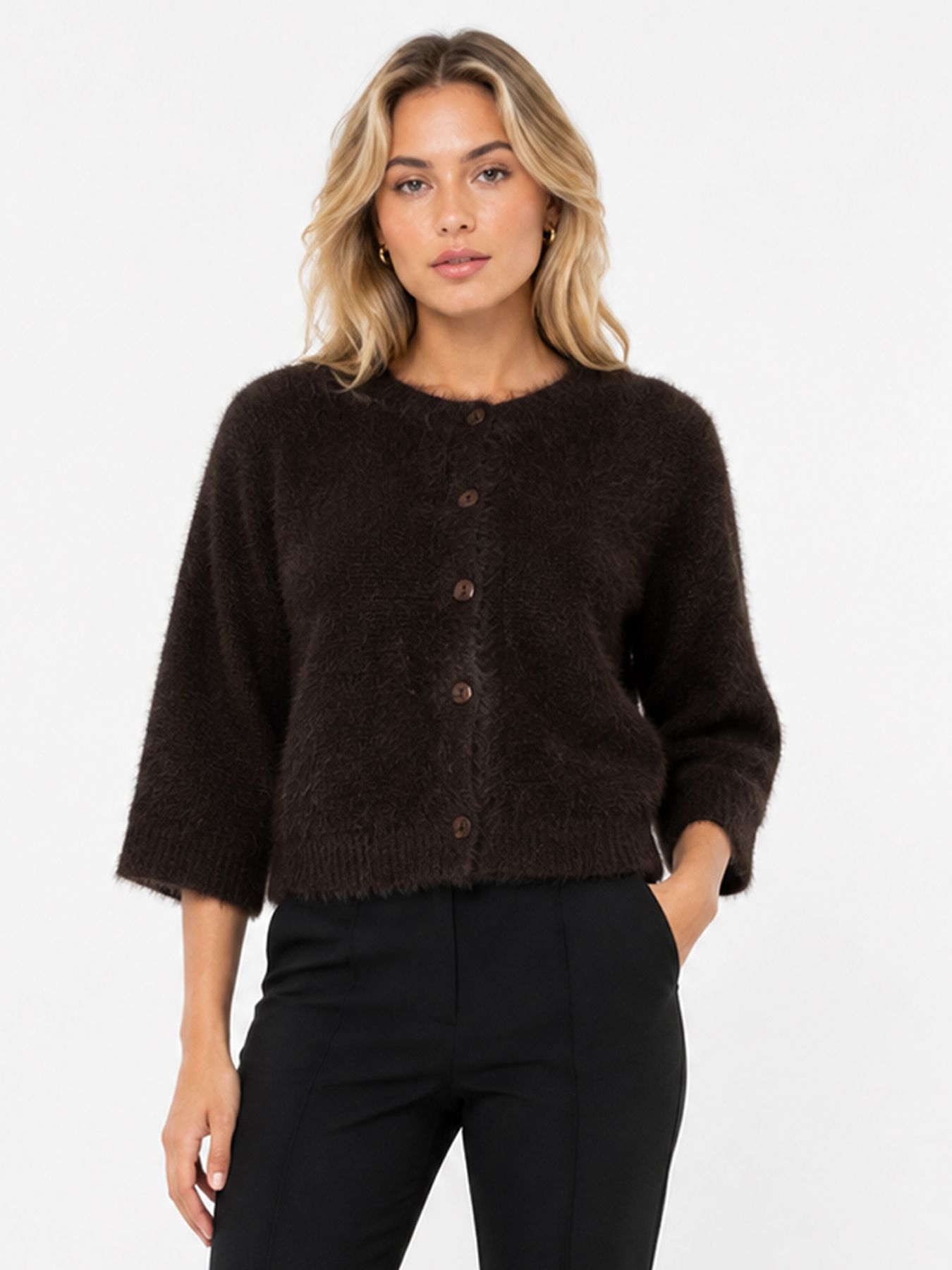 Red Button Cardigan fuzzy poncho espresso59 00116754-EKA26007300000118