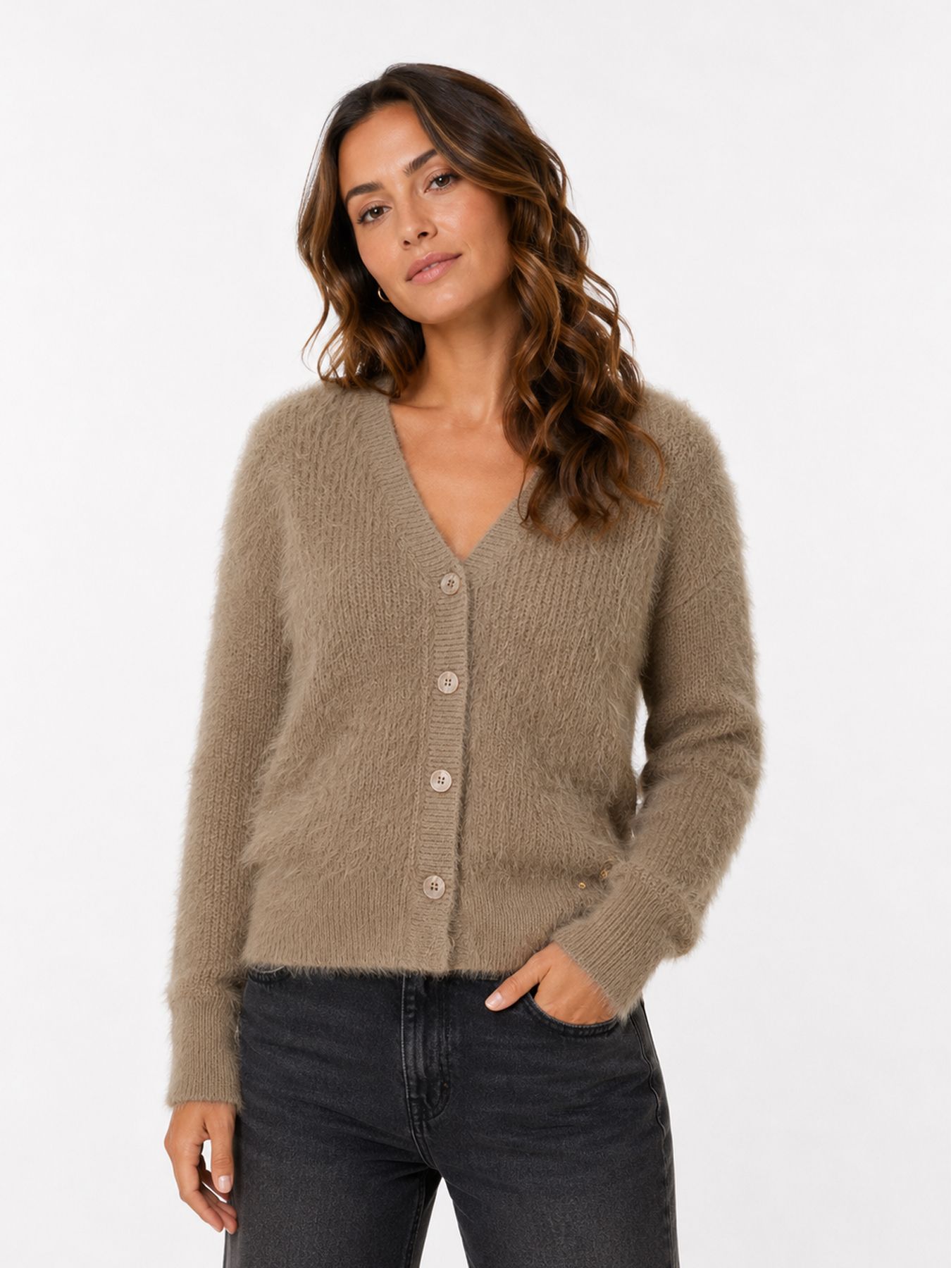 Red Button Cardigan fuzzy Latte416 00116760-EKA26007300000089
