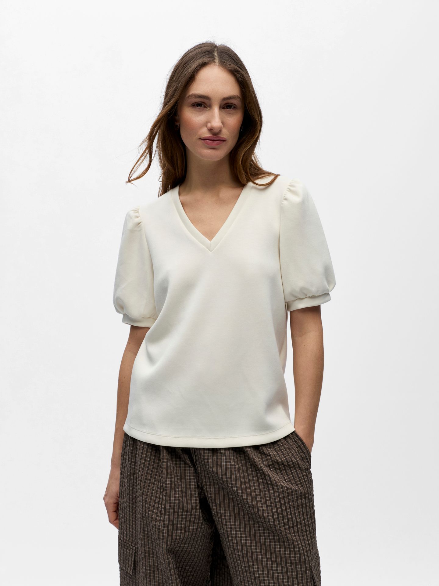 Object OBJANDREA S/S RE V-NECK TOP NOOS White Sand 00116979-EKA22000400000103