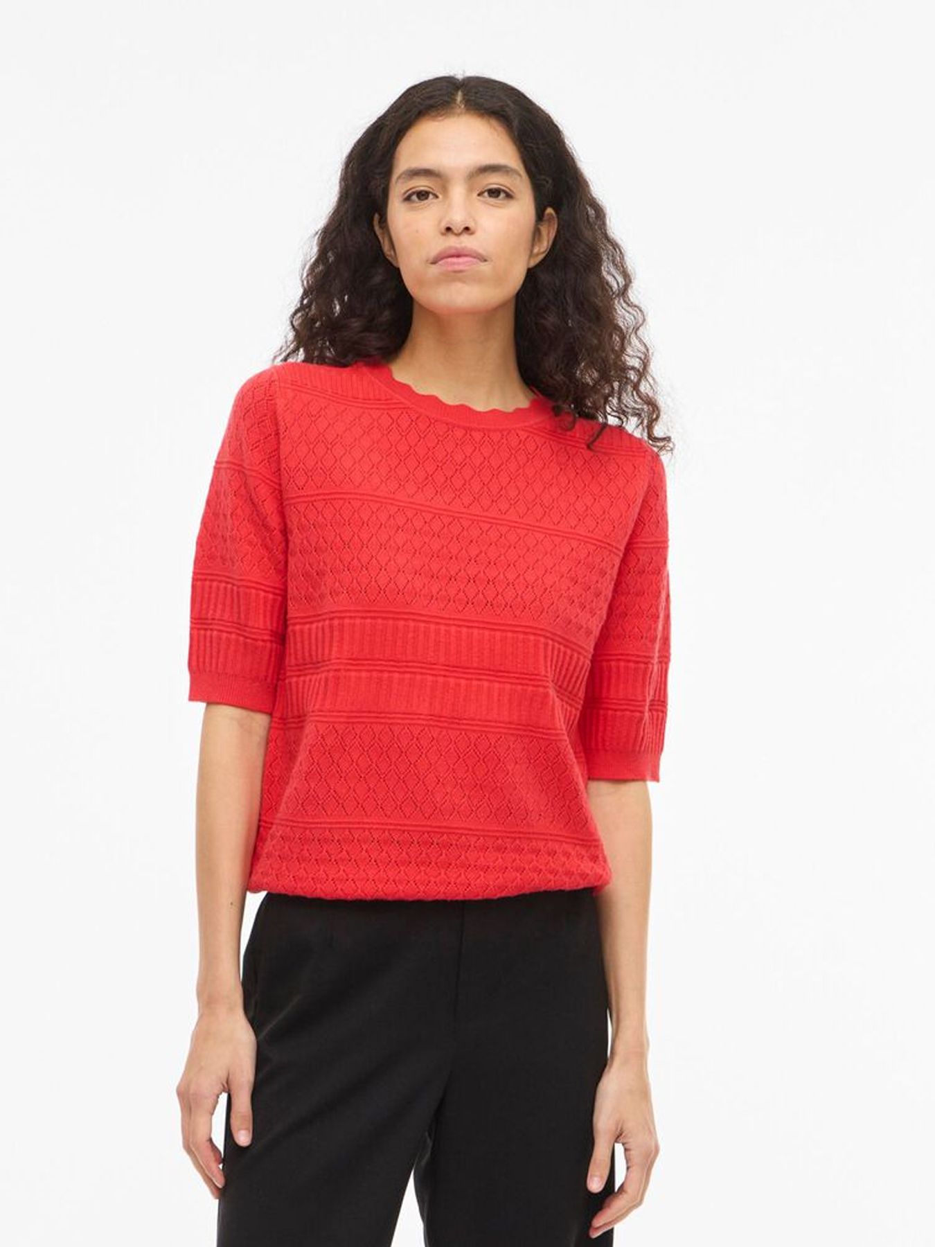 Object VIMILOS S/S O-NECK POINTELLE TOP - Hibiscus 00117120-EKA22000400000208
