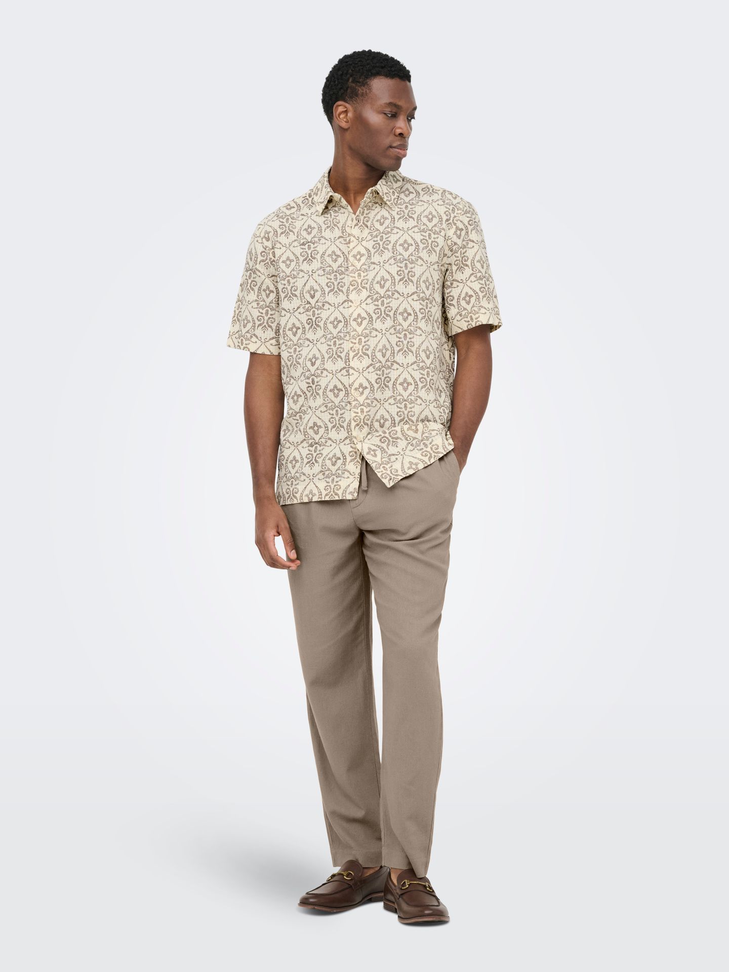 Only & Sons ONSSEA JACQUARD SS SHIRT REG VD Bone White/Walnut 2900164081038