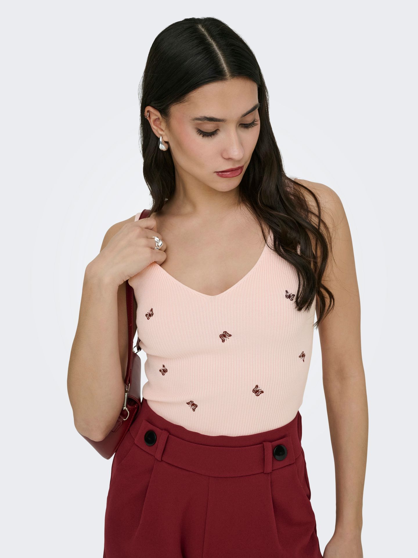 Only JDYNANNA S/L EMBROIDERY TOP KNT Pink Dogwood/W MAUVE WINE BUTTERFLY 2900164321035